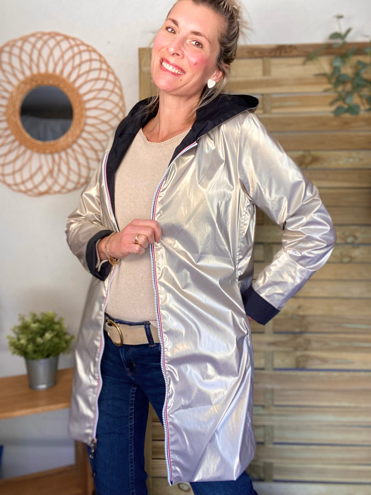 LAURA JO - Imperméable réversible léger GARANCE LONG - Noir/Doré • DESTOCKAGE sur Taille S
