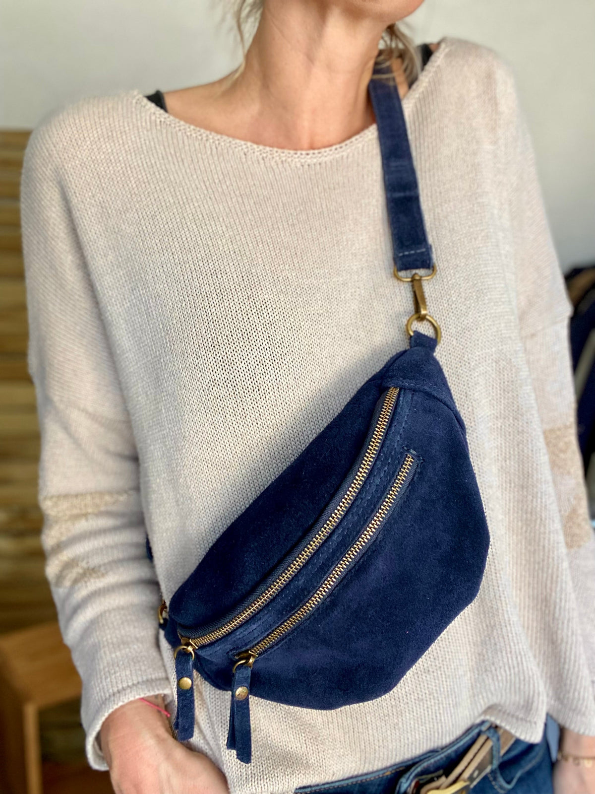 Sac banane double poche en cuir daim - OPALINE - Bleu nuit