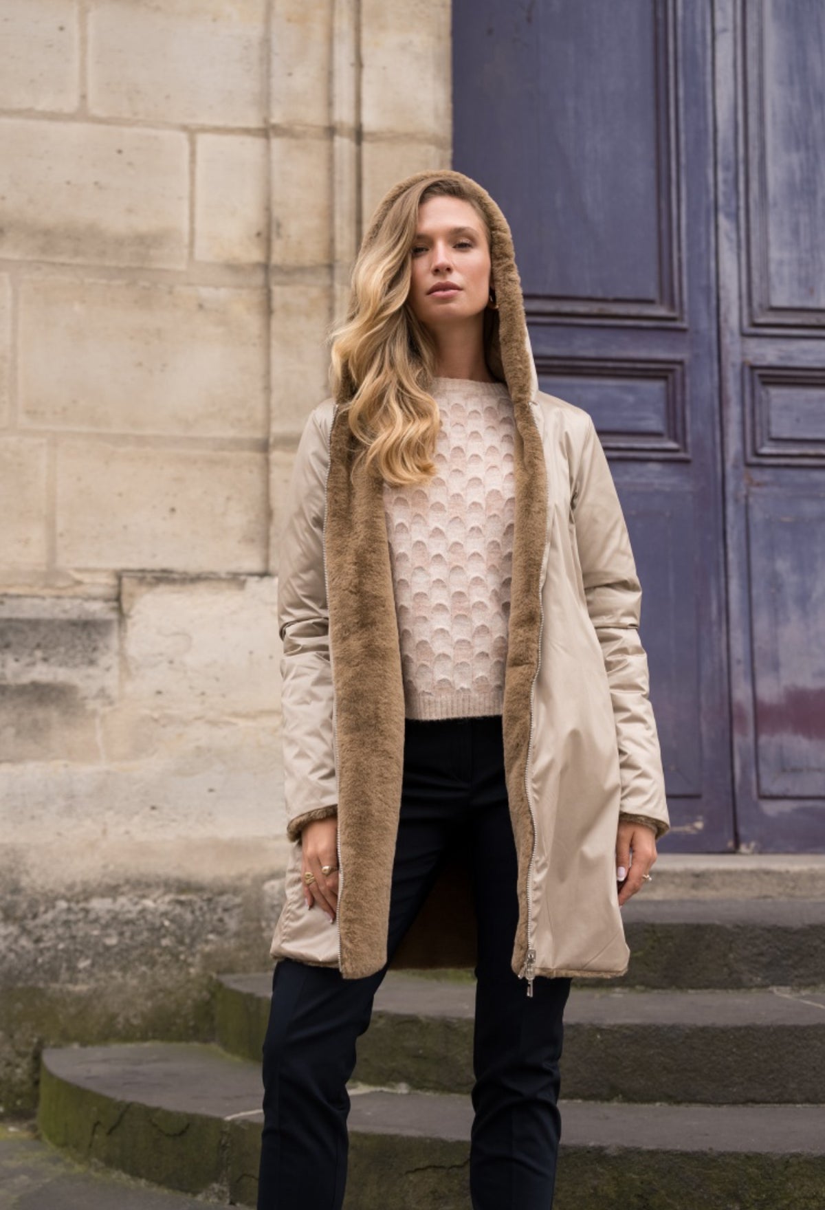 LAURA JO - Parka Imperméable réversible fourrée Sable irisé / Camel ALIX Long