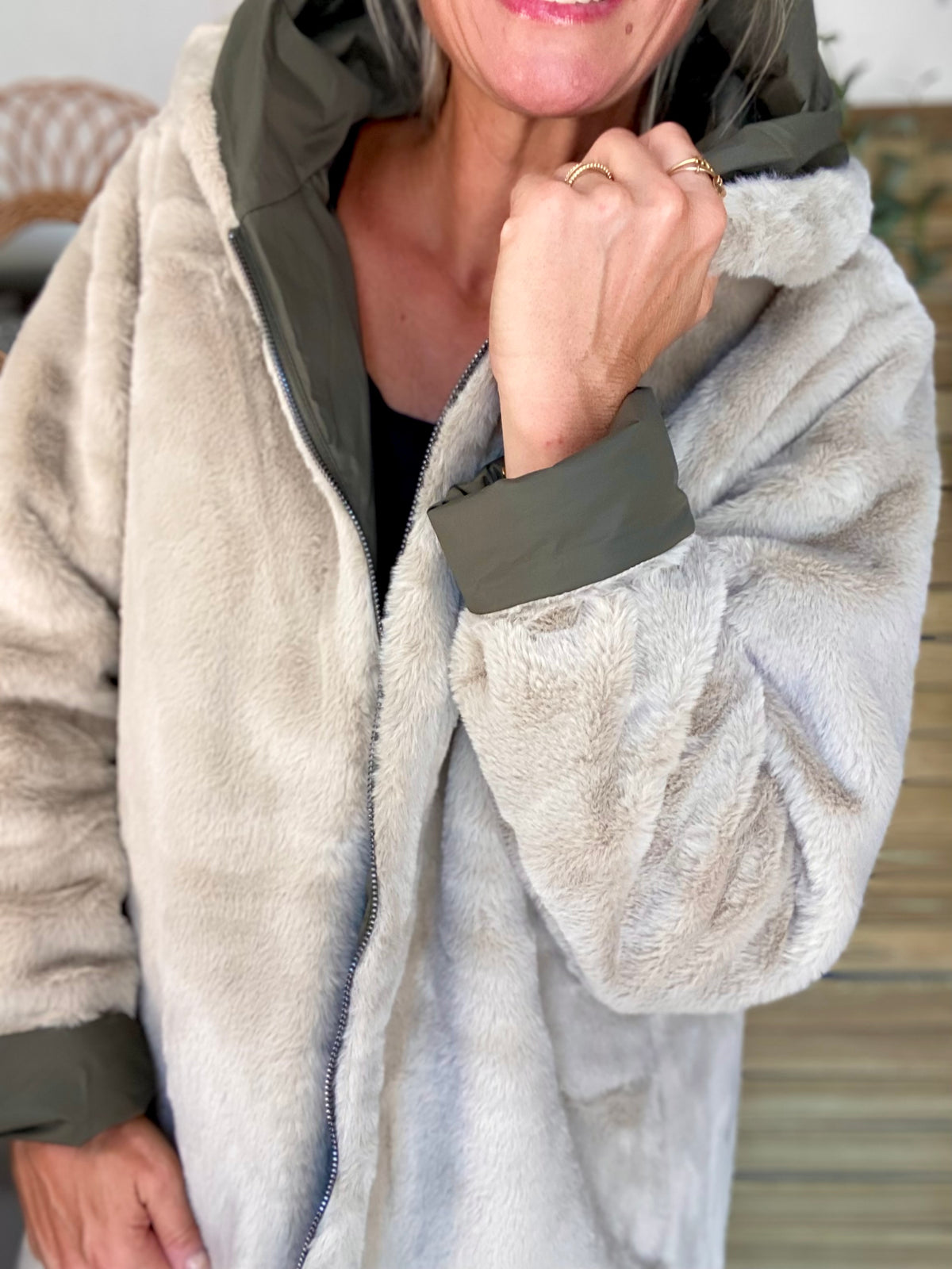 LAURA JO - Parka Imperméable réversible fourrée Kaki / Beige ALIX Long