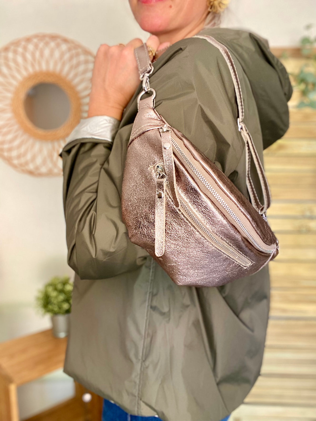 Sac banane en cuir irisé double poche - OPALE - Bronze / argent
