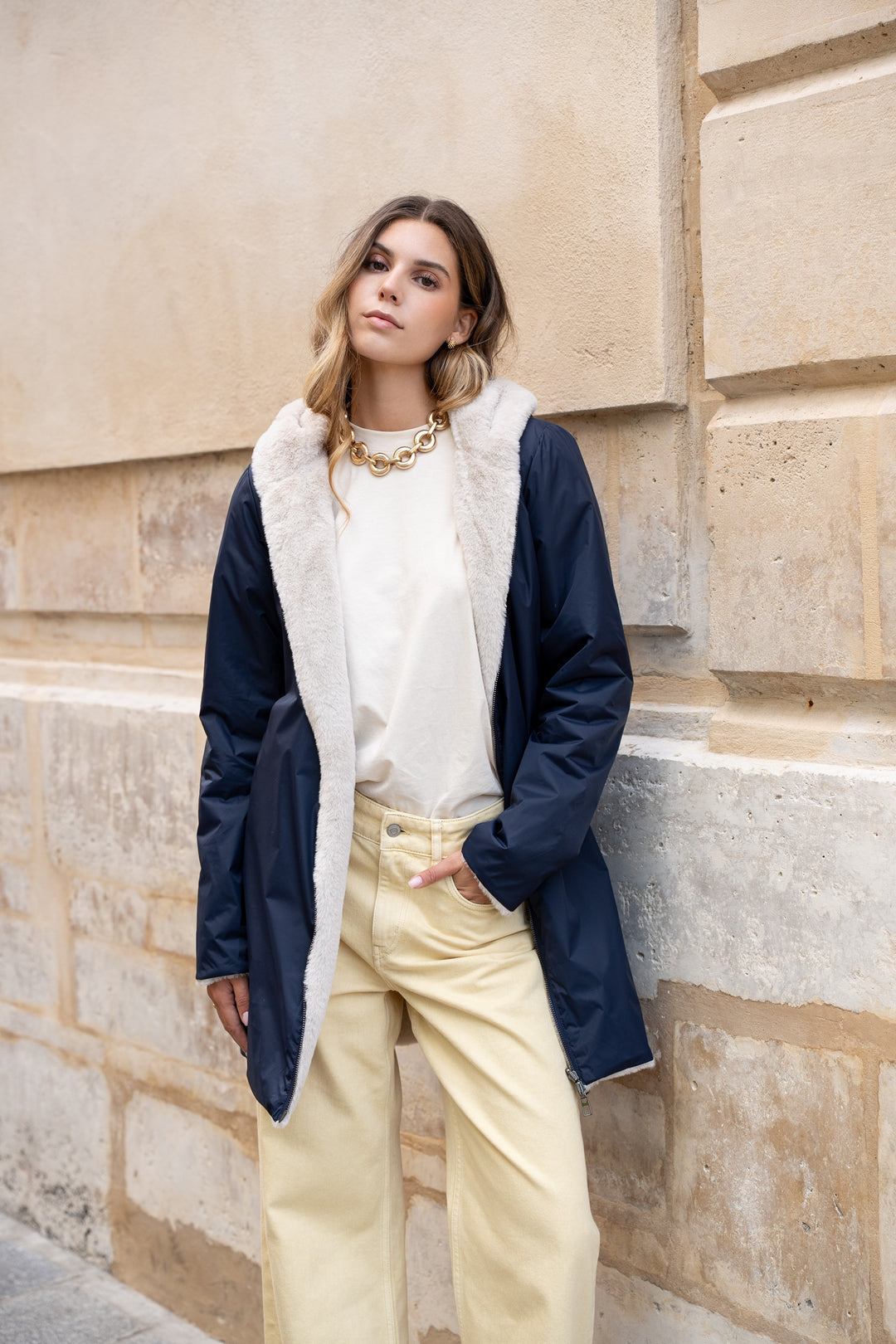 LAURA JO - Parka Imperméable réversible fourrée Bleu marine / Beige ALIX Long