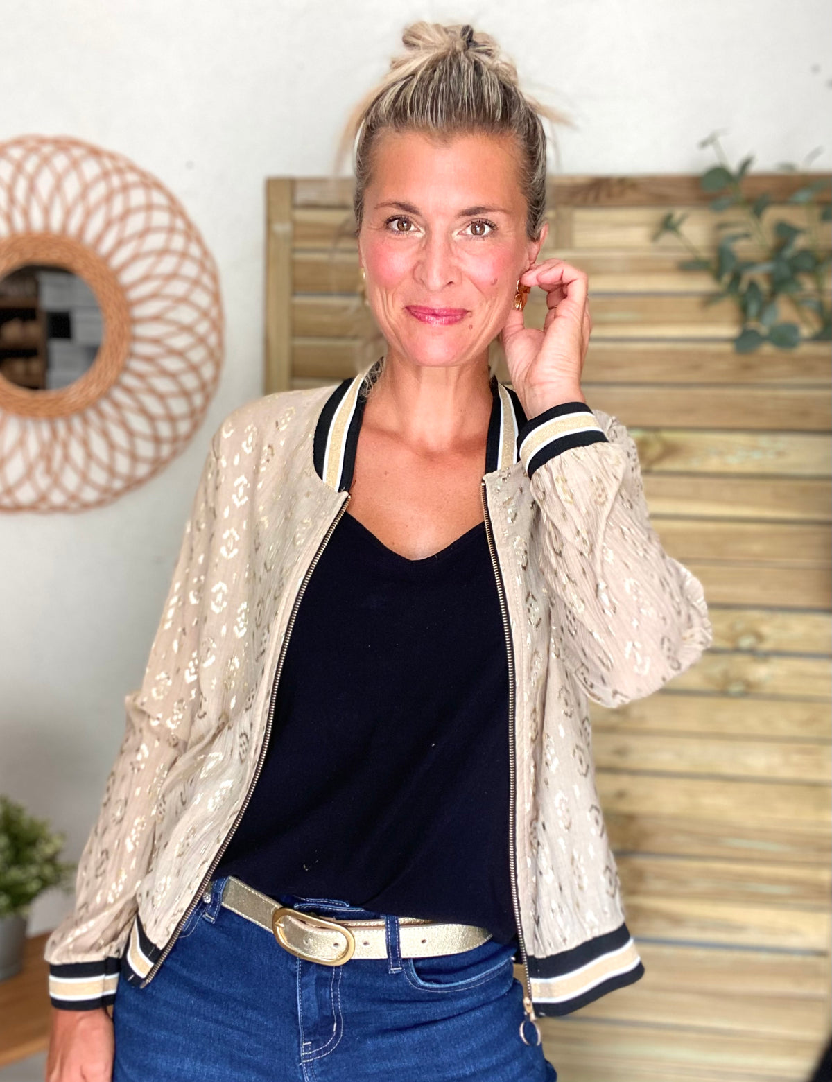 Veste bombers léger EMILY - imprimé Doré Beige (losanges)