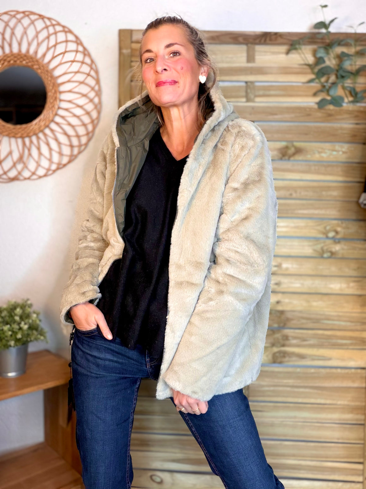LAURA JO - Parka Imperméable réversible fourrée Kaki / Beige ALIX Court