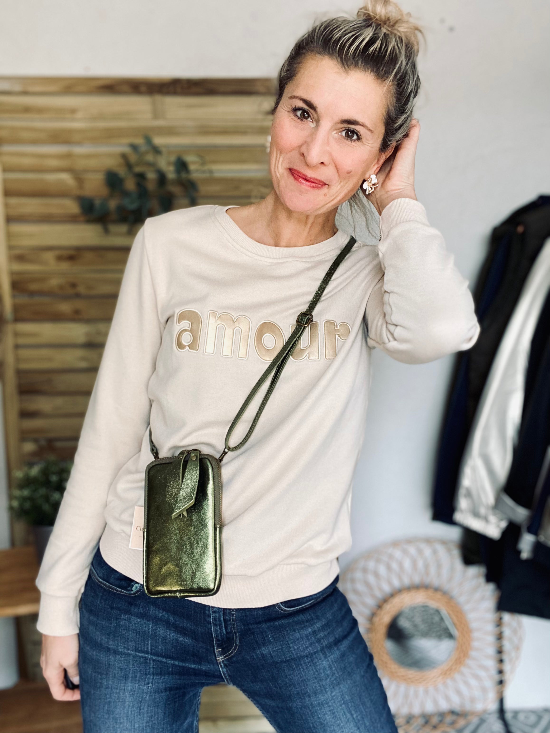 Pochette bandoulière pour téléphone en cuir irisé - STELLA - Kaki - FIN DE SÉRIE