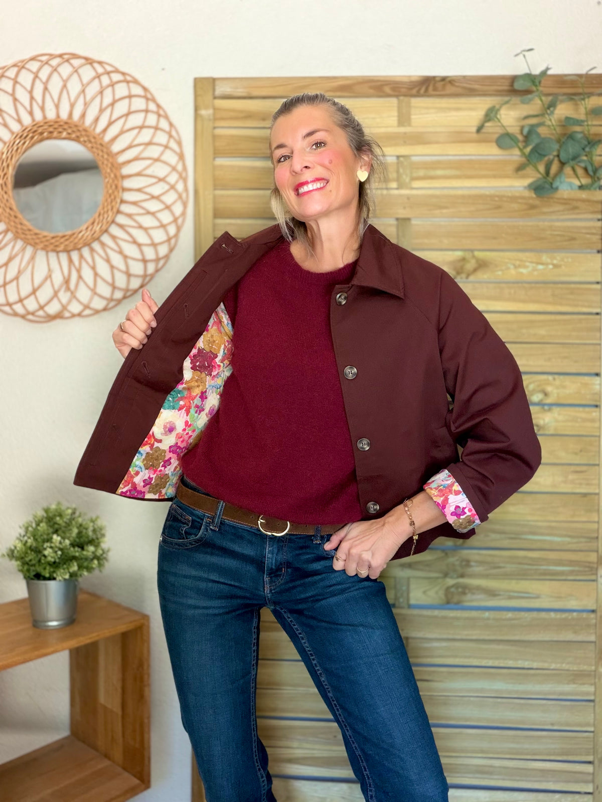 Veste Trench en coton Bordeaux fleuri - MAHAUT - LILI et LALA