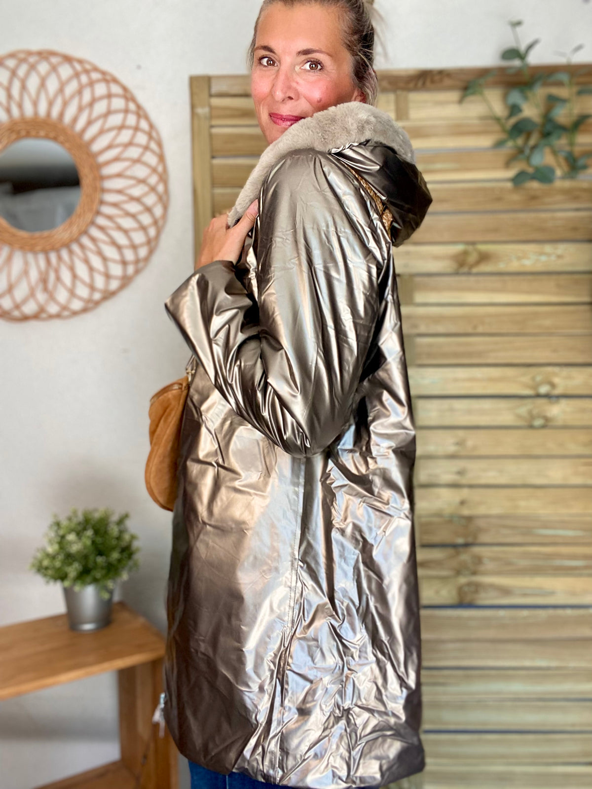 LAURA JO - Parka Imperméable réversible fourrée Bronze / Beige ALIX Long