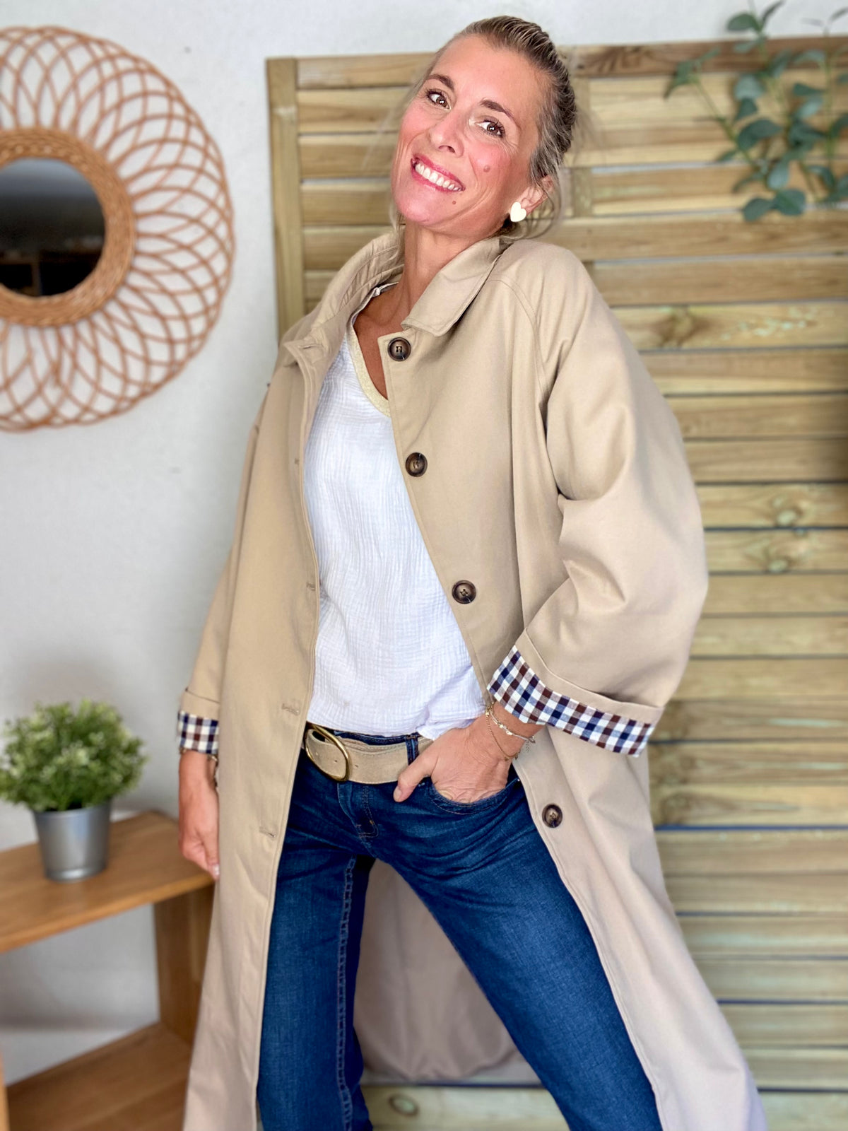 Veste Trench en coton, revers carreaux - YSEULT long Beige