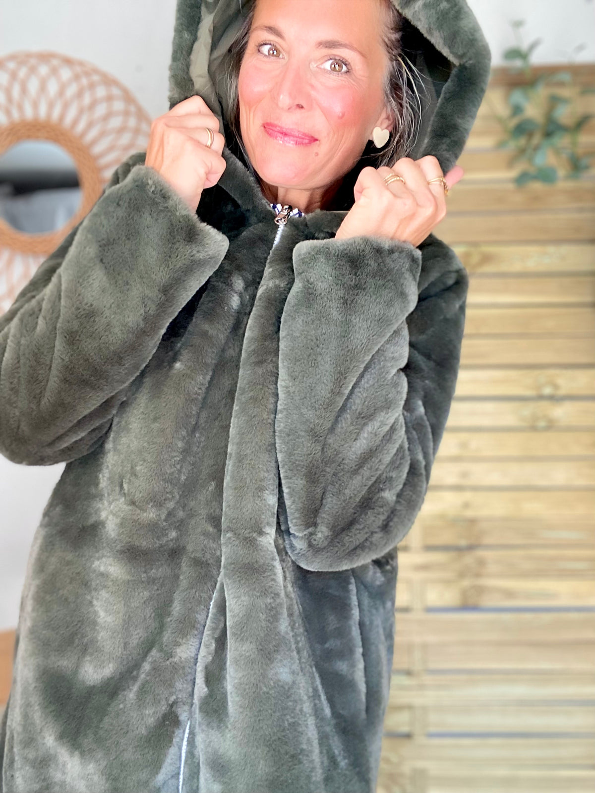 LAURA JO - Parka Imperméable réversible fourrée Kaki / Kaki ALIX Long • DÉSTOCKAGE sur Taille S