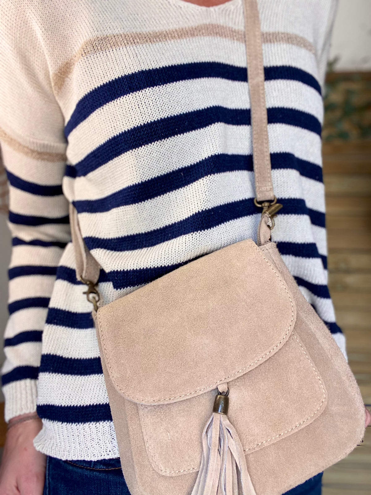 Sac bandoulière en cuir daim HORTENSE - Beige - FIN DE SÉRIE