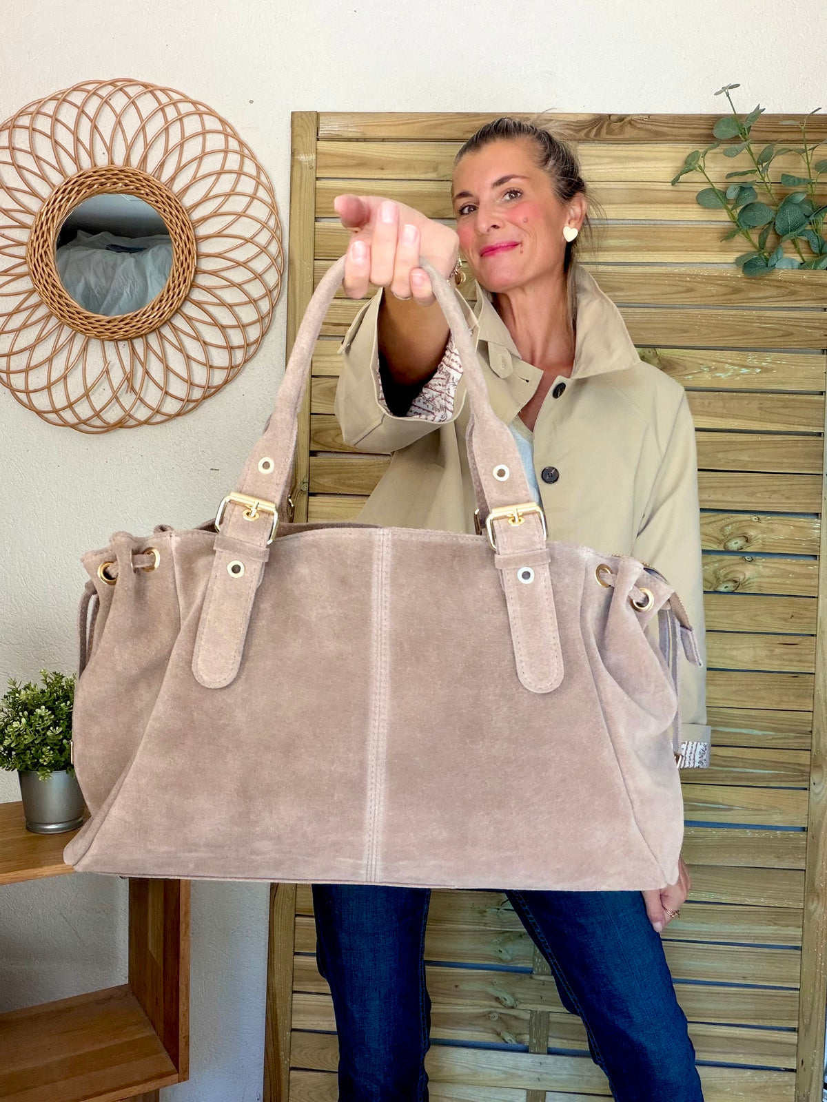 Sac cabas XL en cuir daim • JASPER Taupe
