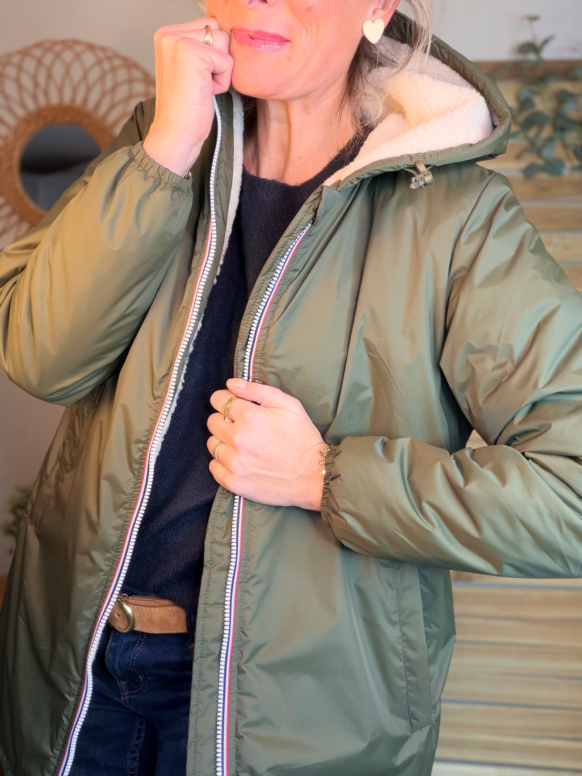 LAURA JO - Parka Imperméable LOUISE LONG Sherpa écru - Kaki • DÉSTOCKAGE sur taille S