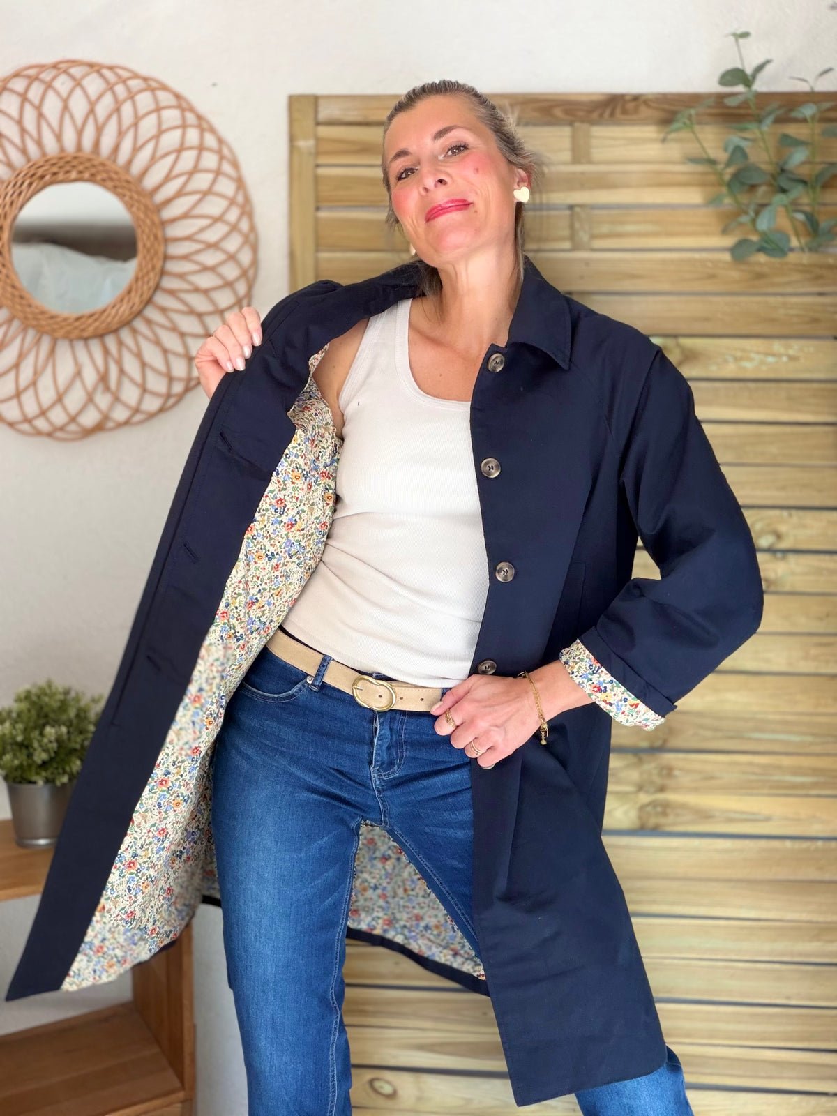 Veste Trench en coton Bleu marine avec Liberty - MAHAUT MI LONG - LILI et LALA (DÉSTOCKAGE sur Taille S)