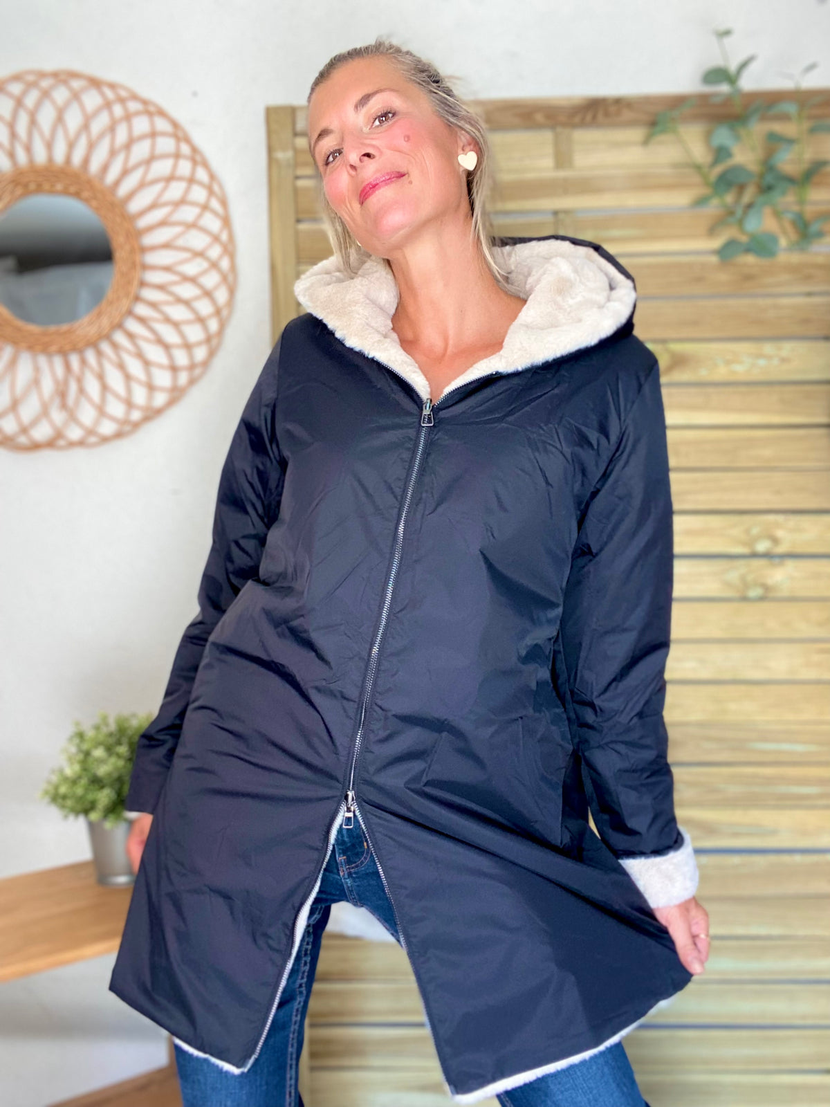 LAURA JO - Parka Imperméable réversible fourrée Noir / Beige ALIX long