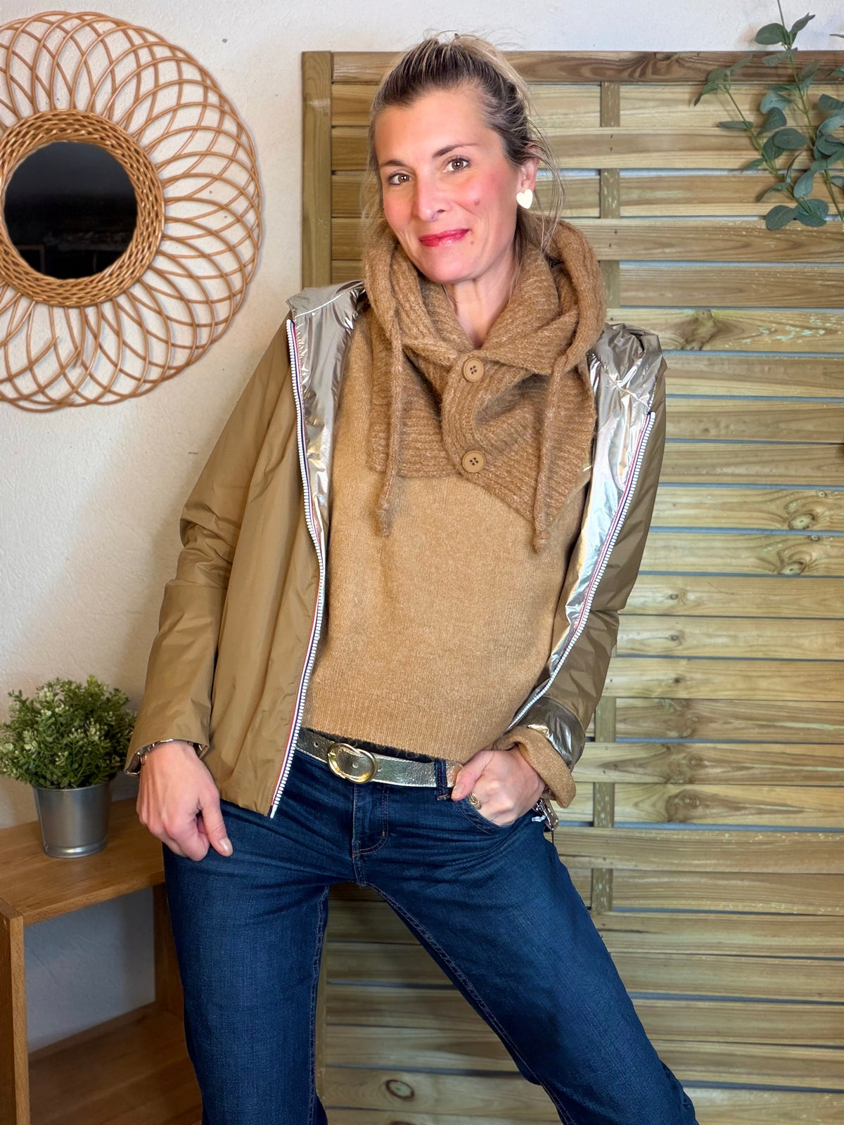 Col cagoule LORIE en maille avec boutons - Camel