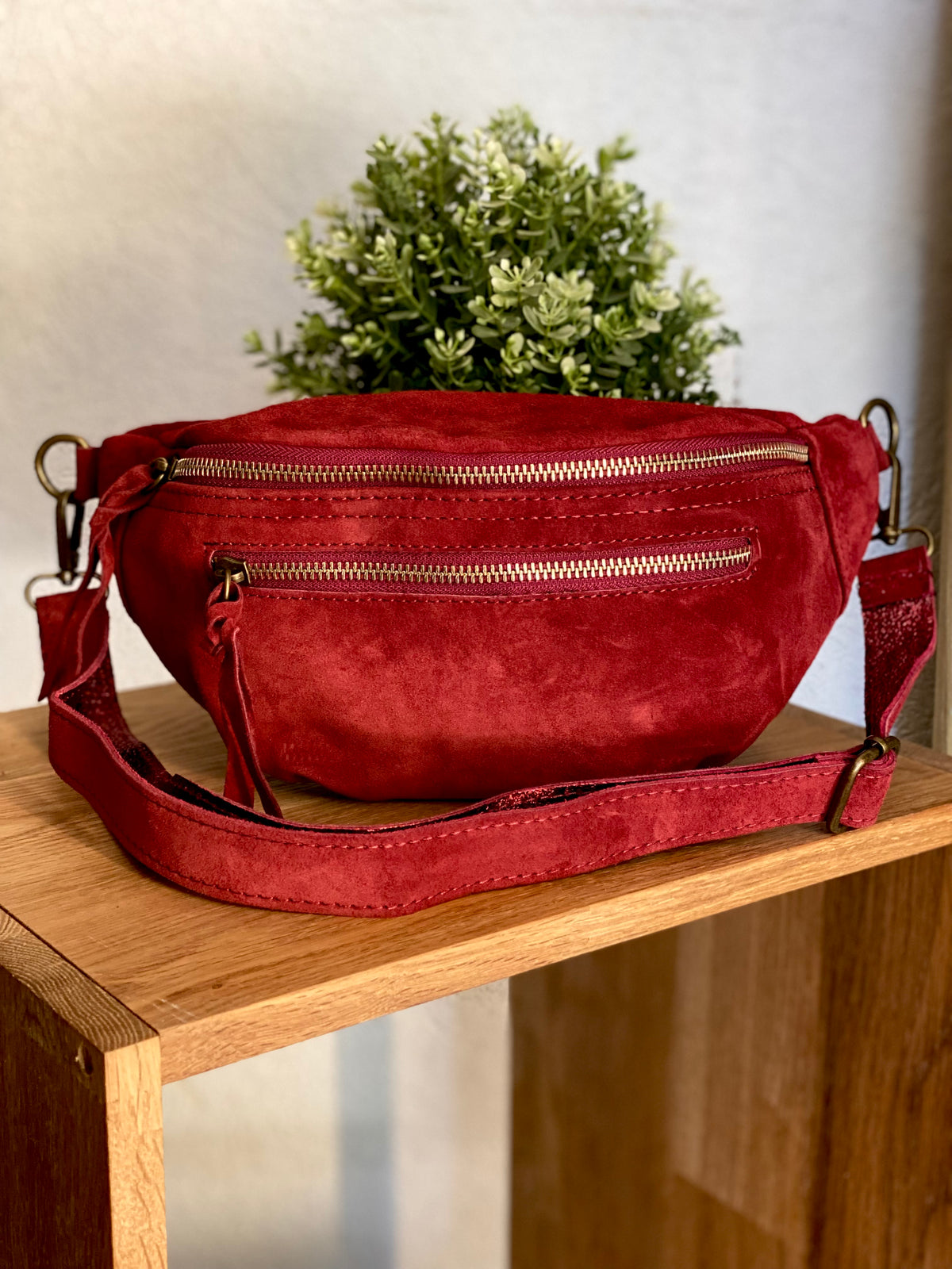 Sac banane double poche en cuir daim - OPALINE - Bordeaux