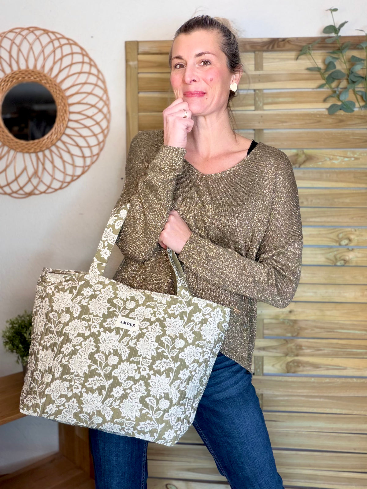 Sac cabas imprimé PIERCE - fleuri Kaki - FIN DE SÉRIE