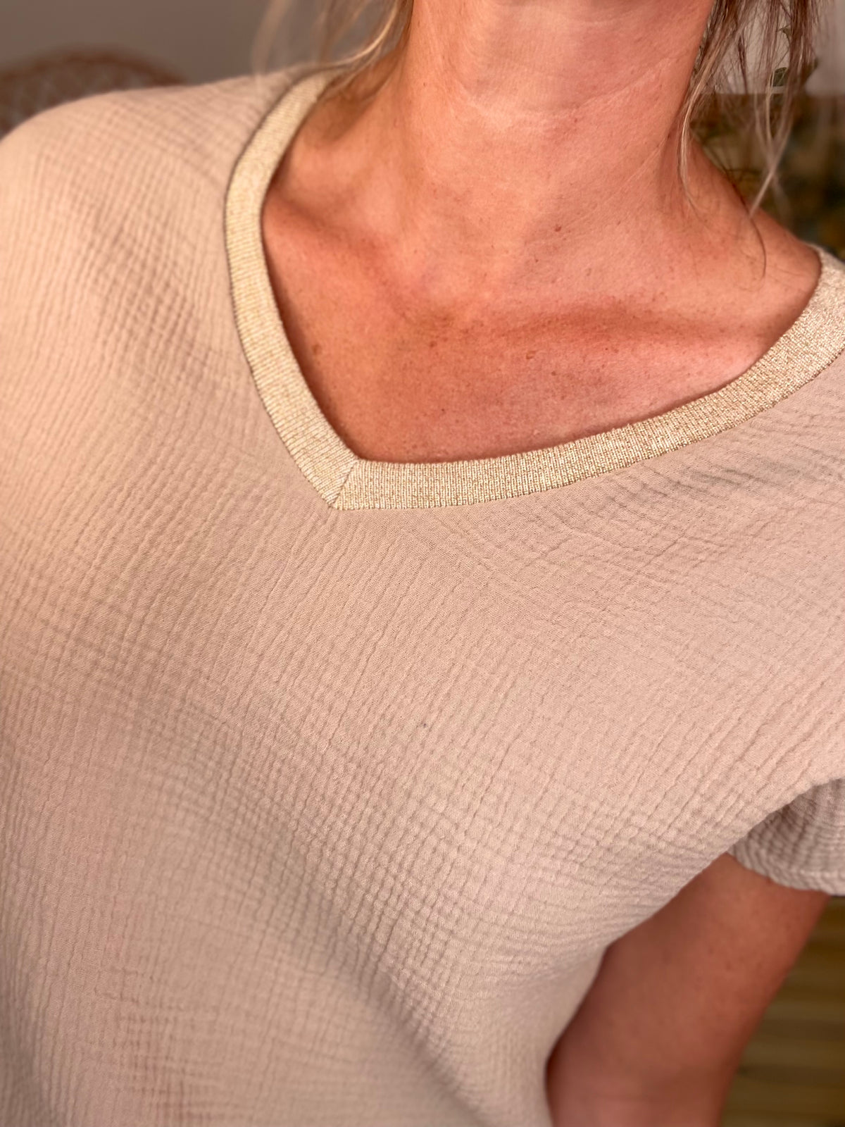 Top en gaze de coton et lurex MARTA - Beige