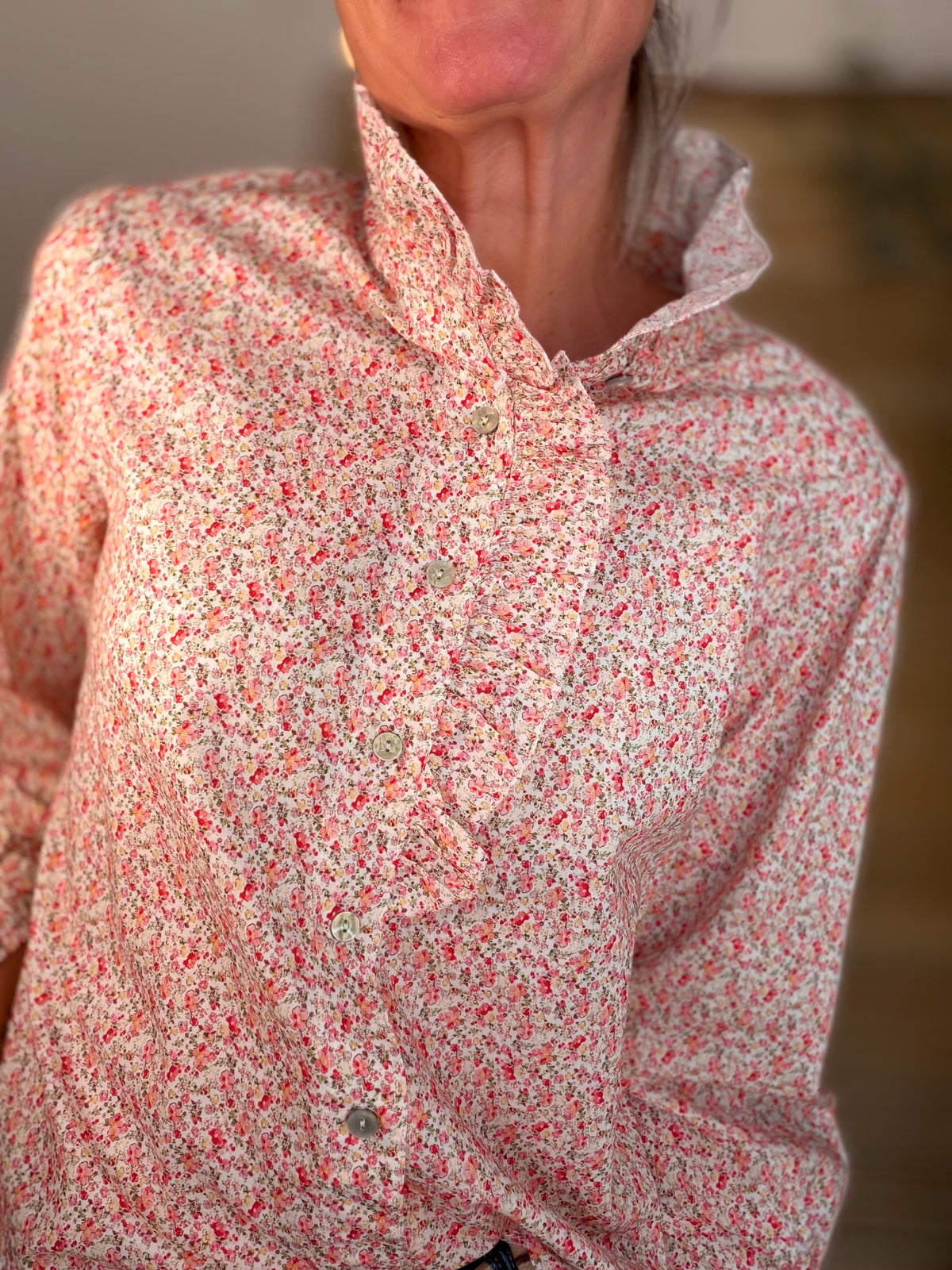 Chemise imprimée Liberty col volanté HÉLOÏSE - Rouge rosé - FIN DE SÉRIE