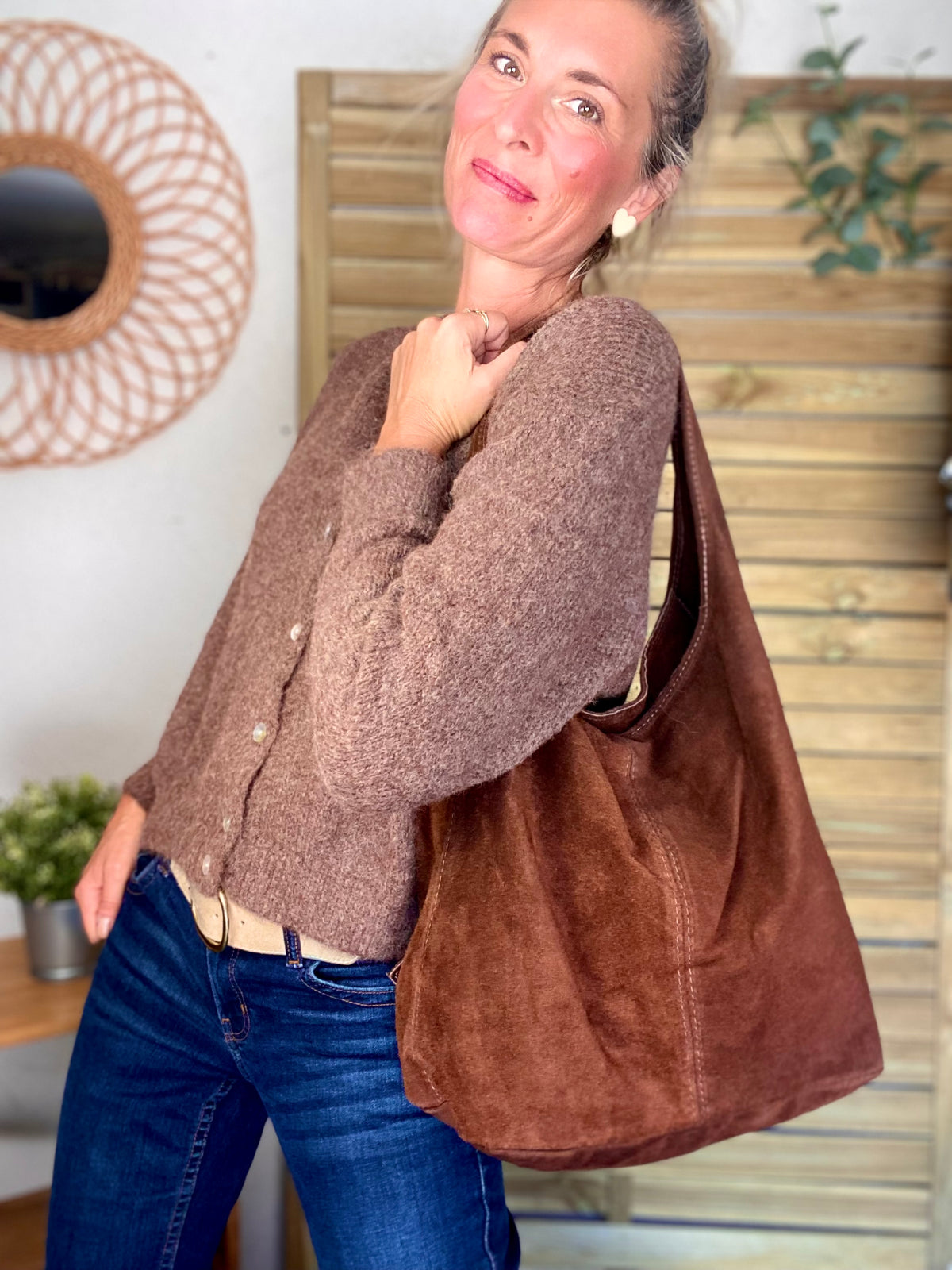 Sac cabas hobo cuir daim MARLON - Chocolat