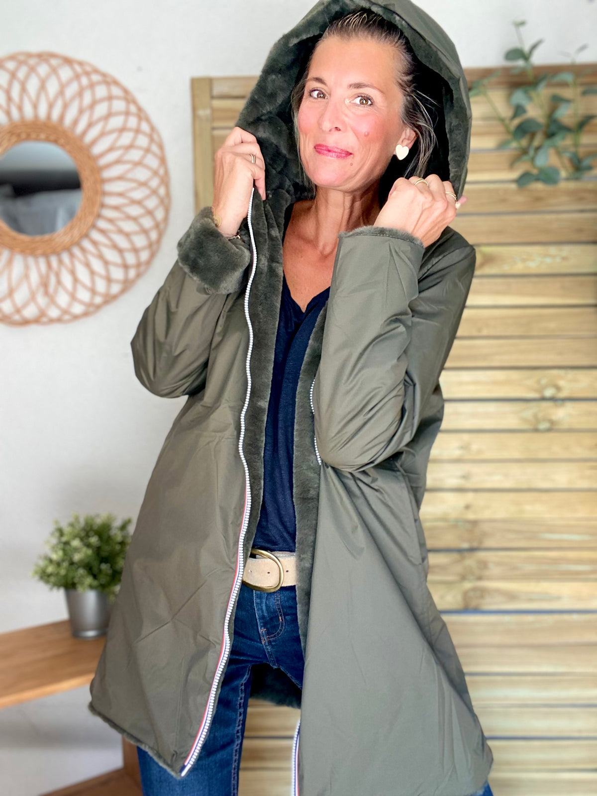 LAURA JO - Parka Imperméable réversible fourrée Kaki / Kaki ALIX Long • DÉSTOCKAGE sur Taille S