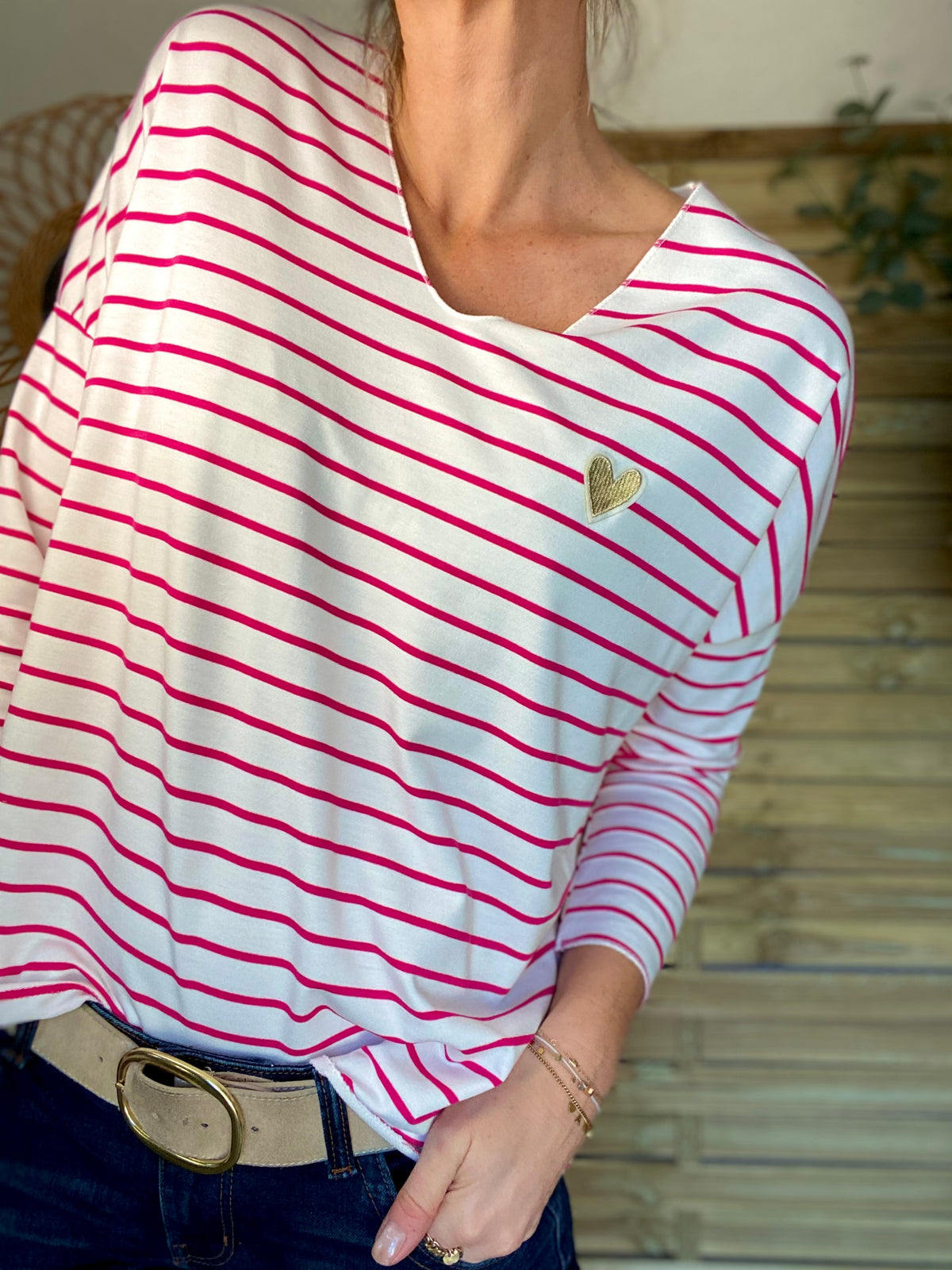 Pull fin rayé col V avec ou sans coeur doré 💛 NOLWENN - Rose fuschia