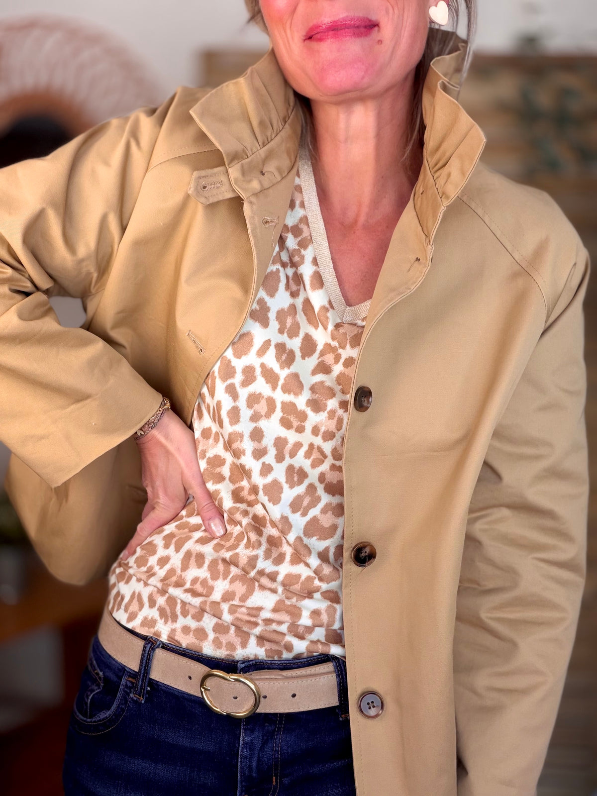 Top imprimé Léo col V lurex MIRTA - Camel