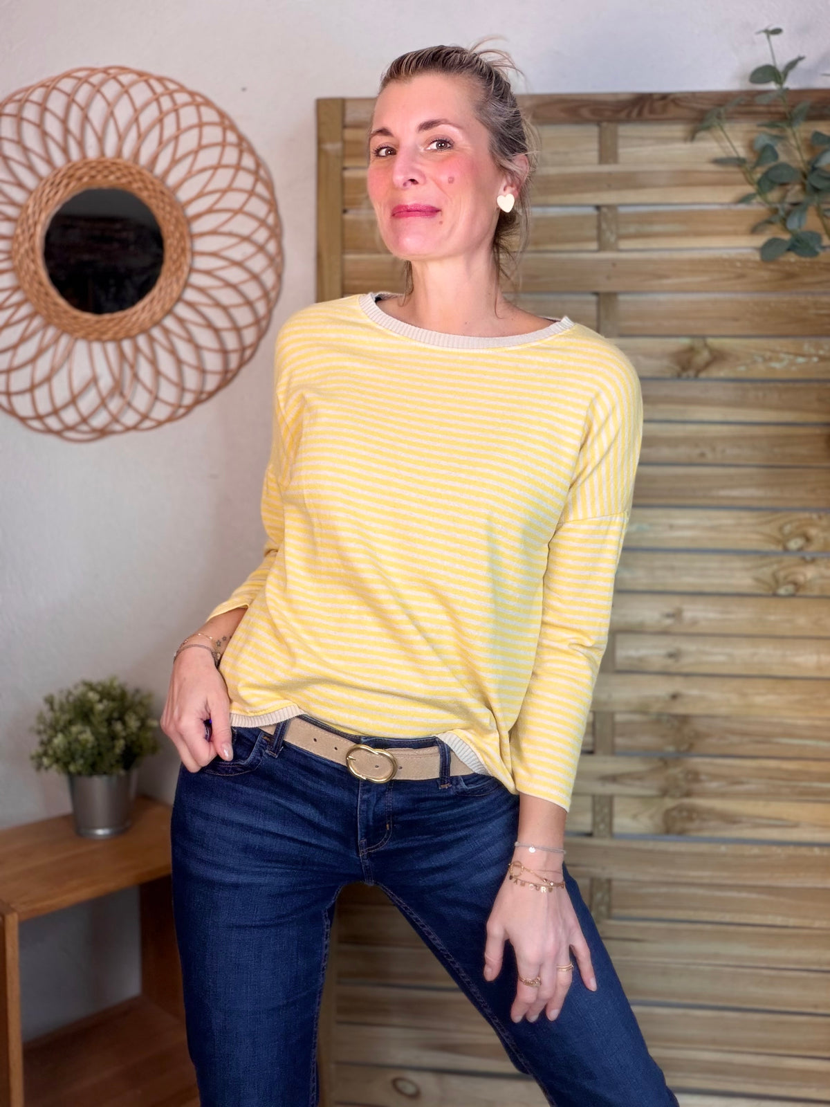 Pull fin rayé ample ROMANE - Jaune/Beige - FIN DE SÉRIE