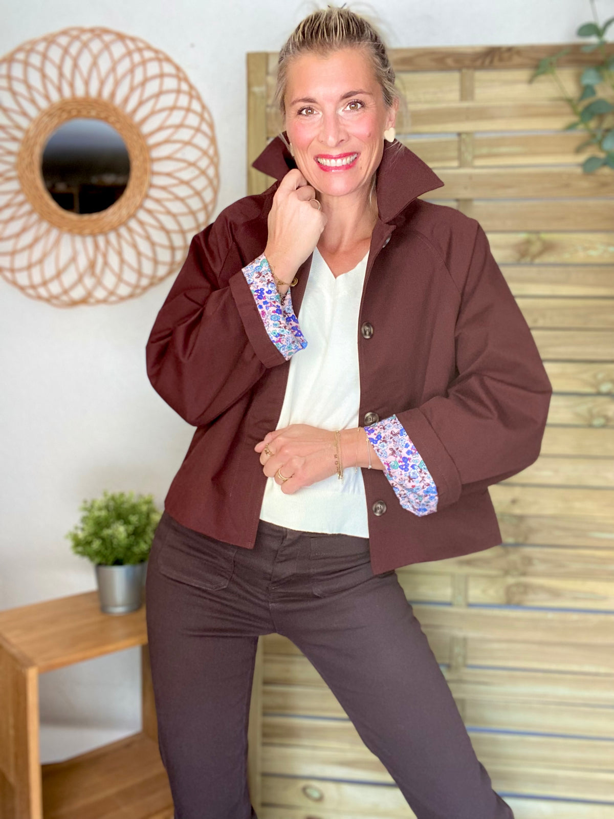 Veste Trench en coton bordeaux foncé avec Liberty - MAHAUT - LILI et LALA - FIN DE SÉRIE