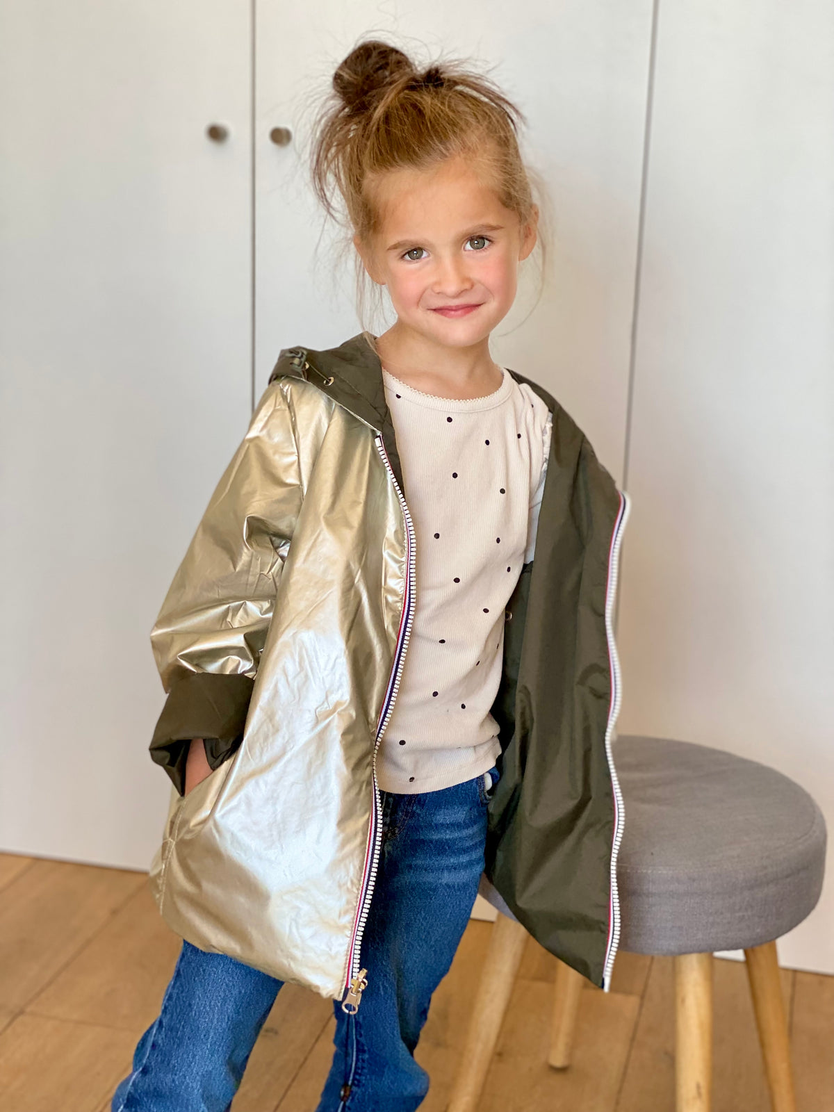 Imperméable réversible rembourré LOUISON KIDS enfant (mixte) - Kaki / Doré • DÉSTOCKAGE sur Taille 6 ans