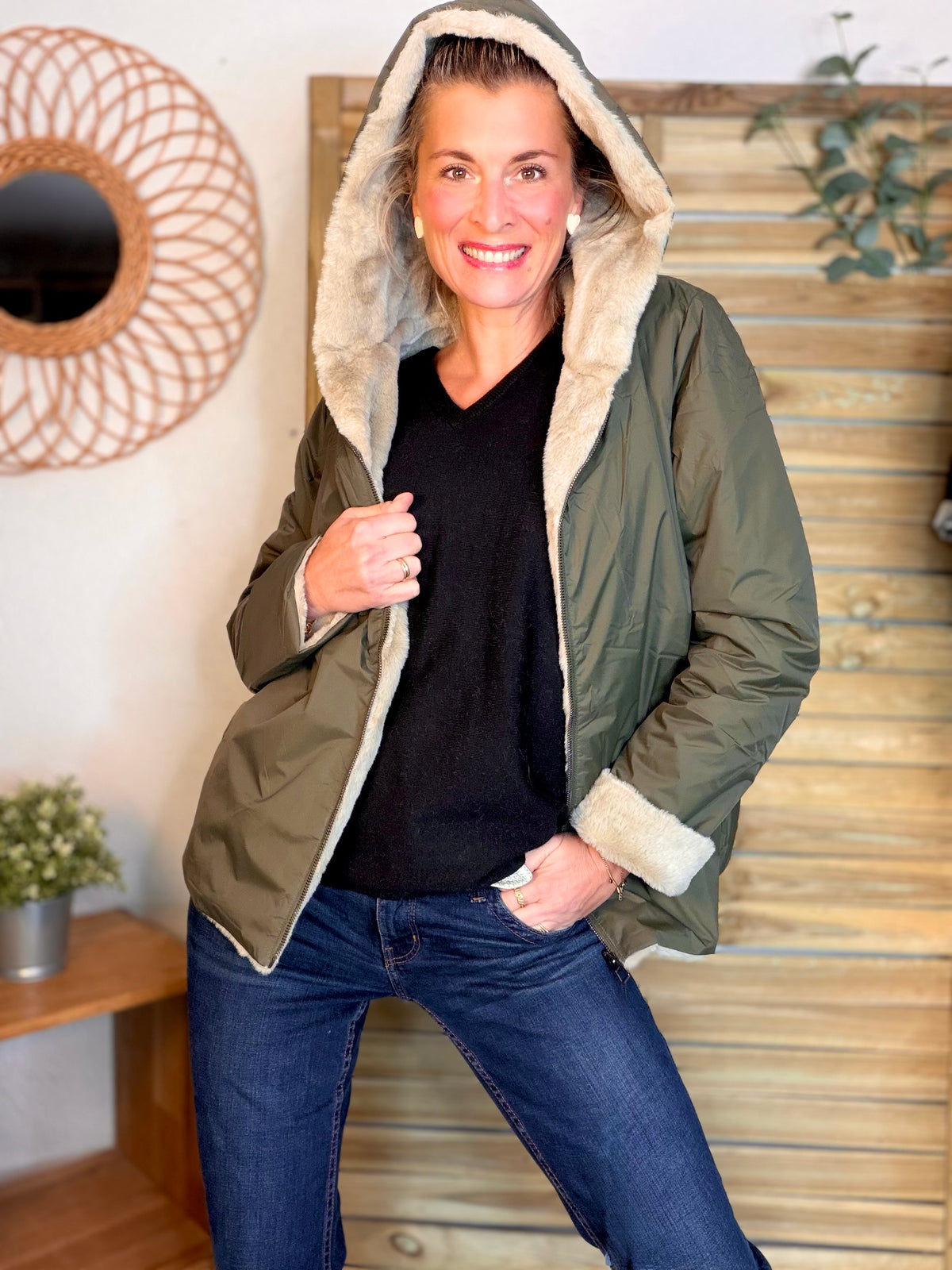 LAURA JO - Parka Imperméable réversible fourrée Kaki / Beige ALIX Court