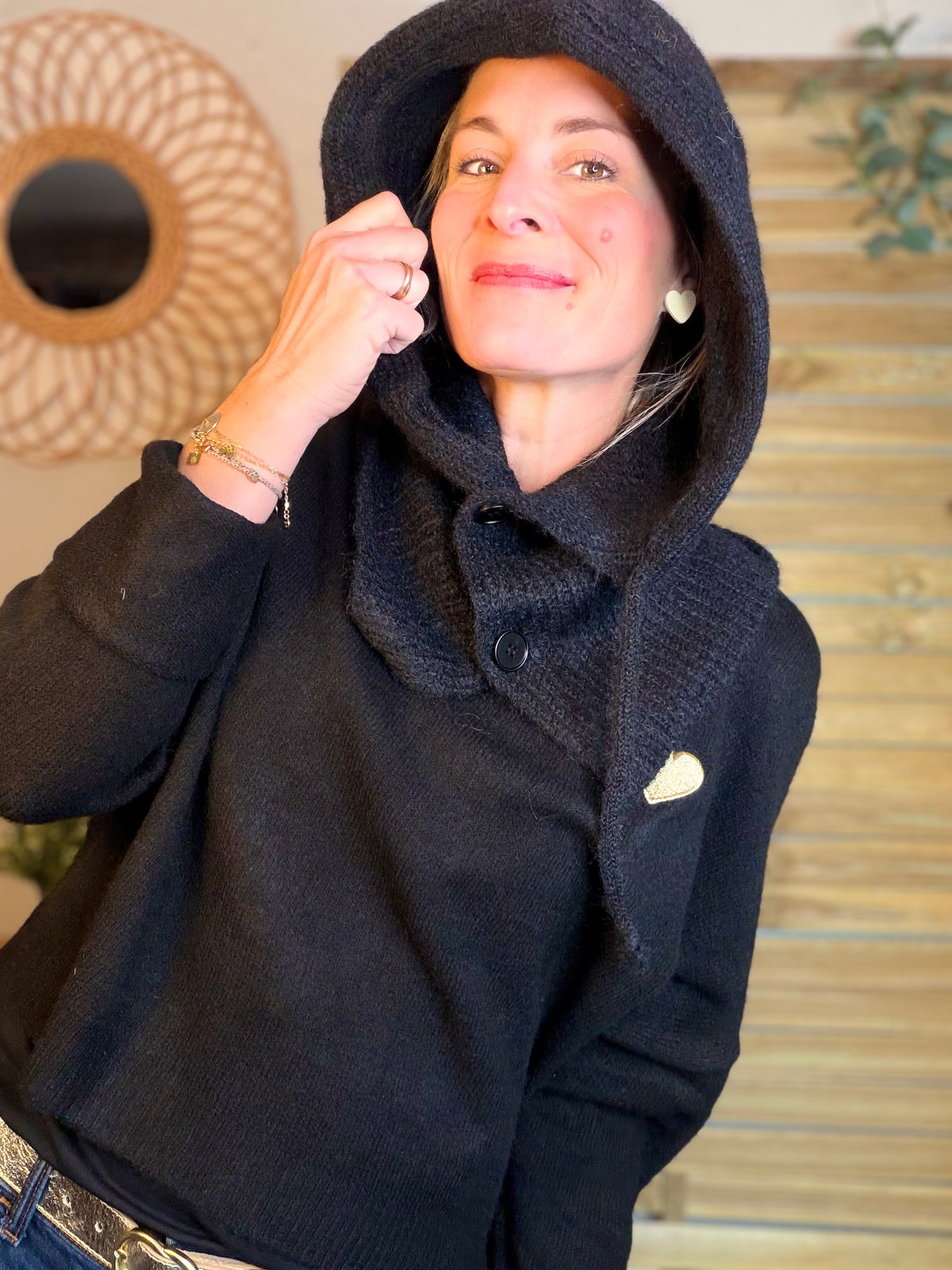 Col cagoule LORIE en maille avec boutons - Noir