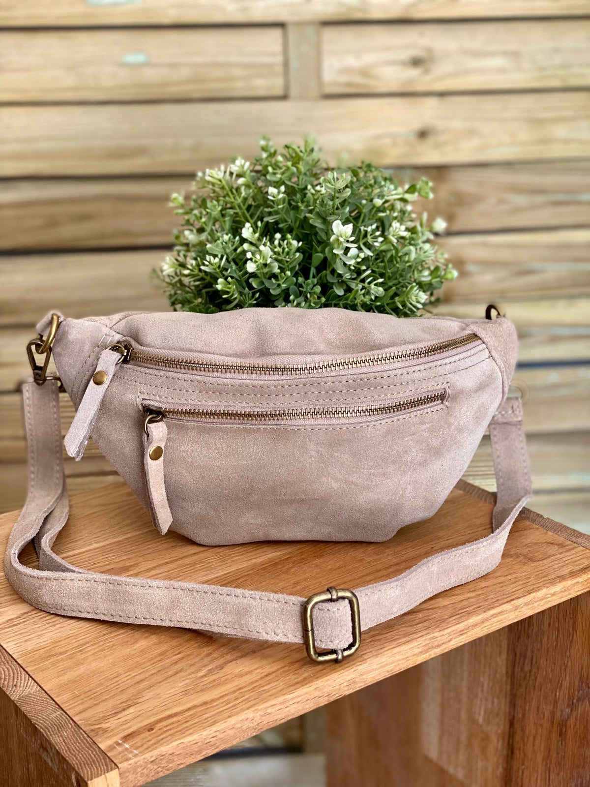 Sac banane double poche en cuir daim - OPALINE - Beige