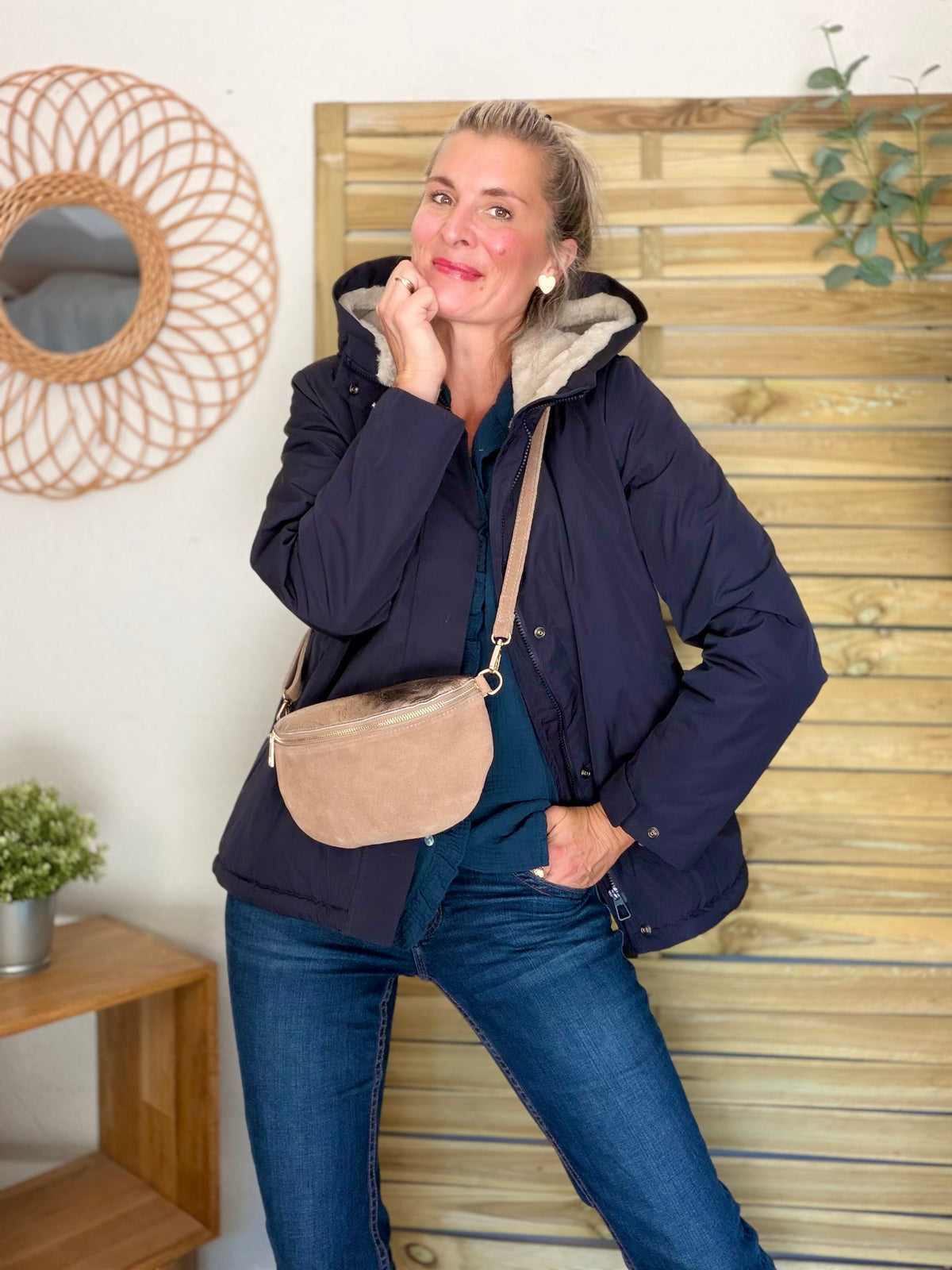 LAURA JO - Parka fourrée imperméable AMBRE MI-LONG - Bleu marine / Beige