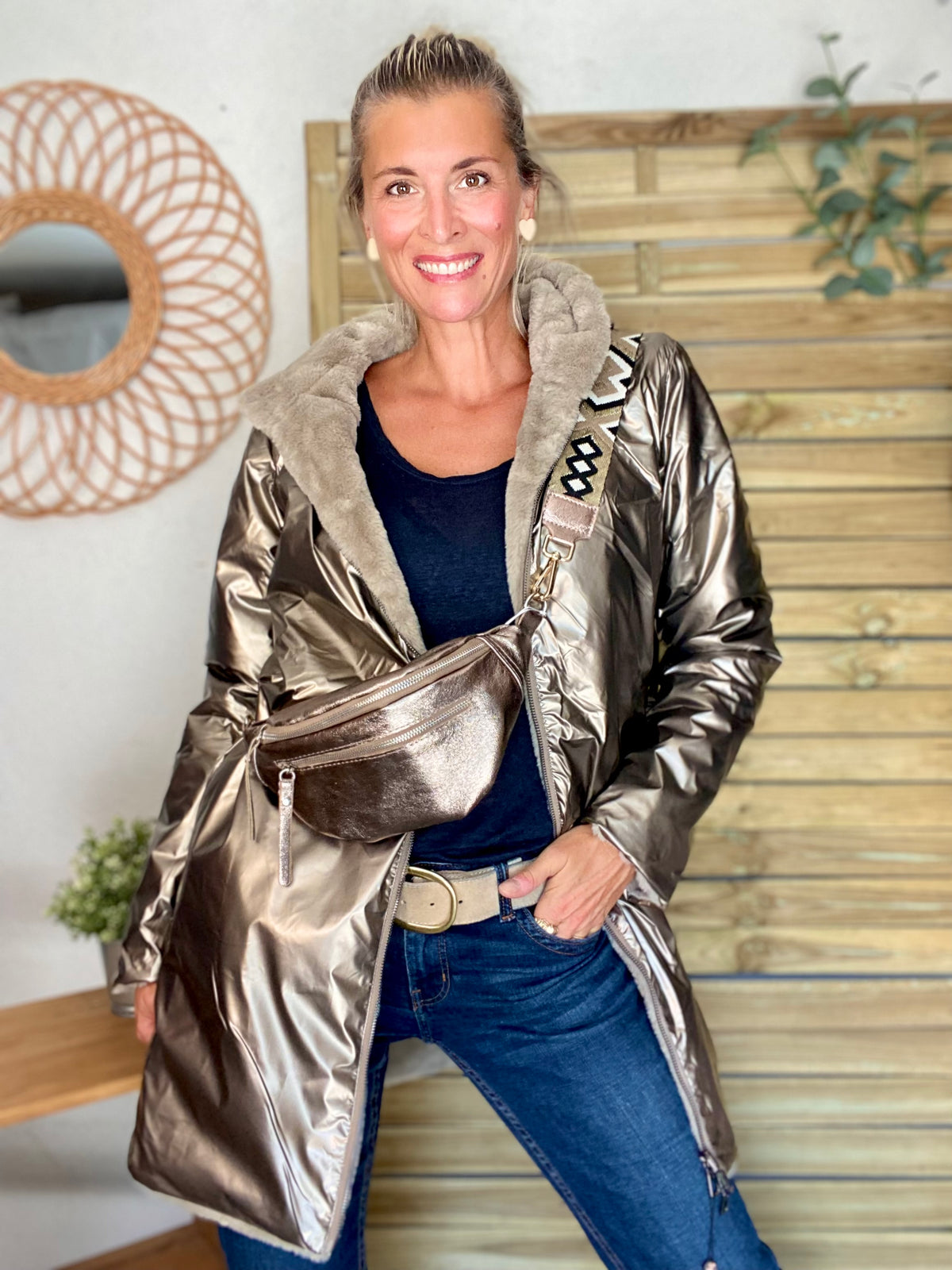 LAURA JO - Parka Imperméable réversible fourrée Bronze / Beige ALIX Long