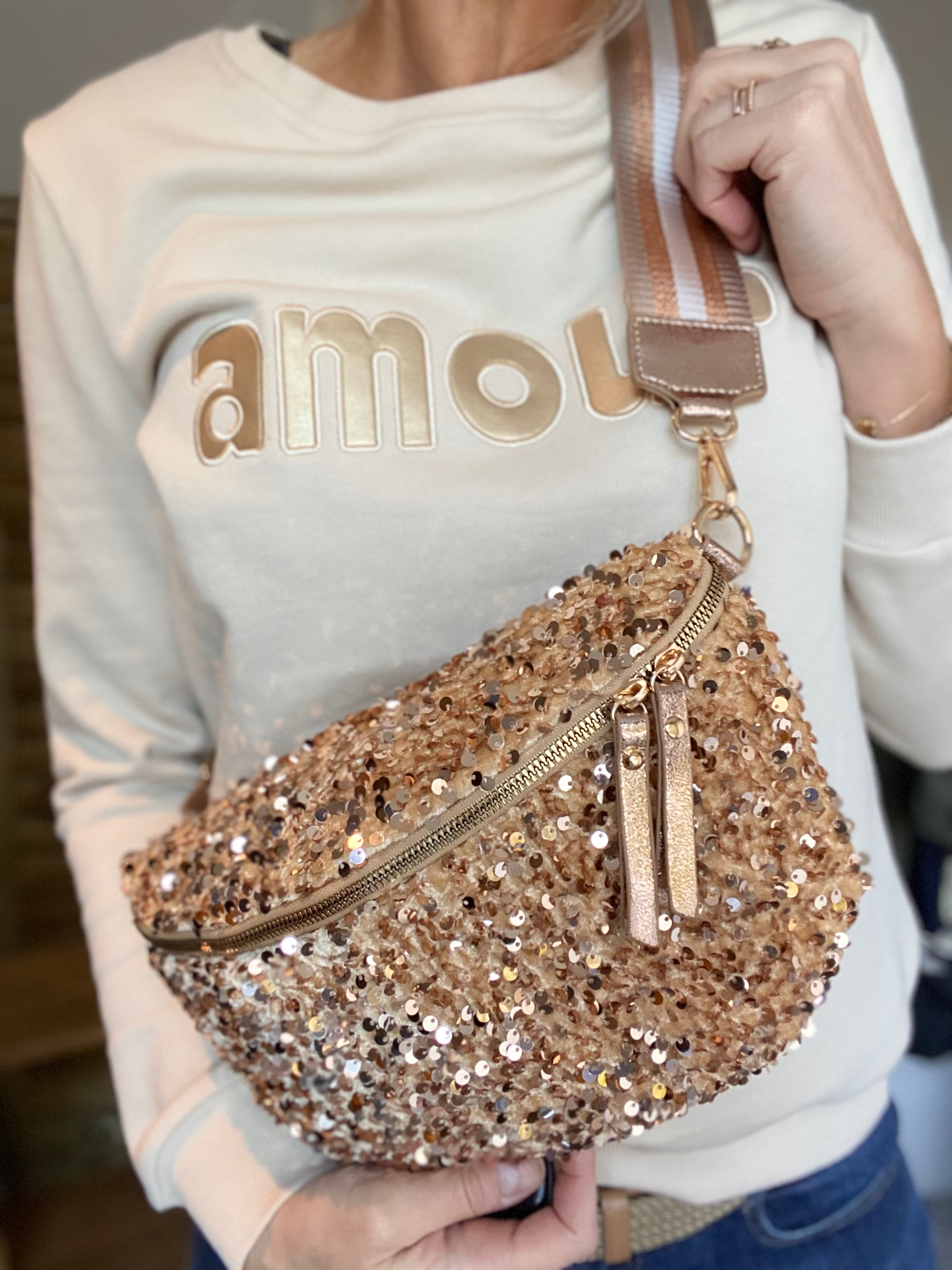 Sac banane L à sequins 30cm et sangle fantaisie - ROXY - Doré