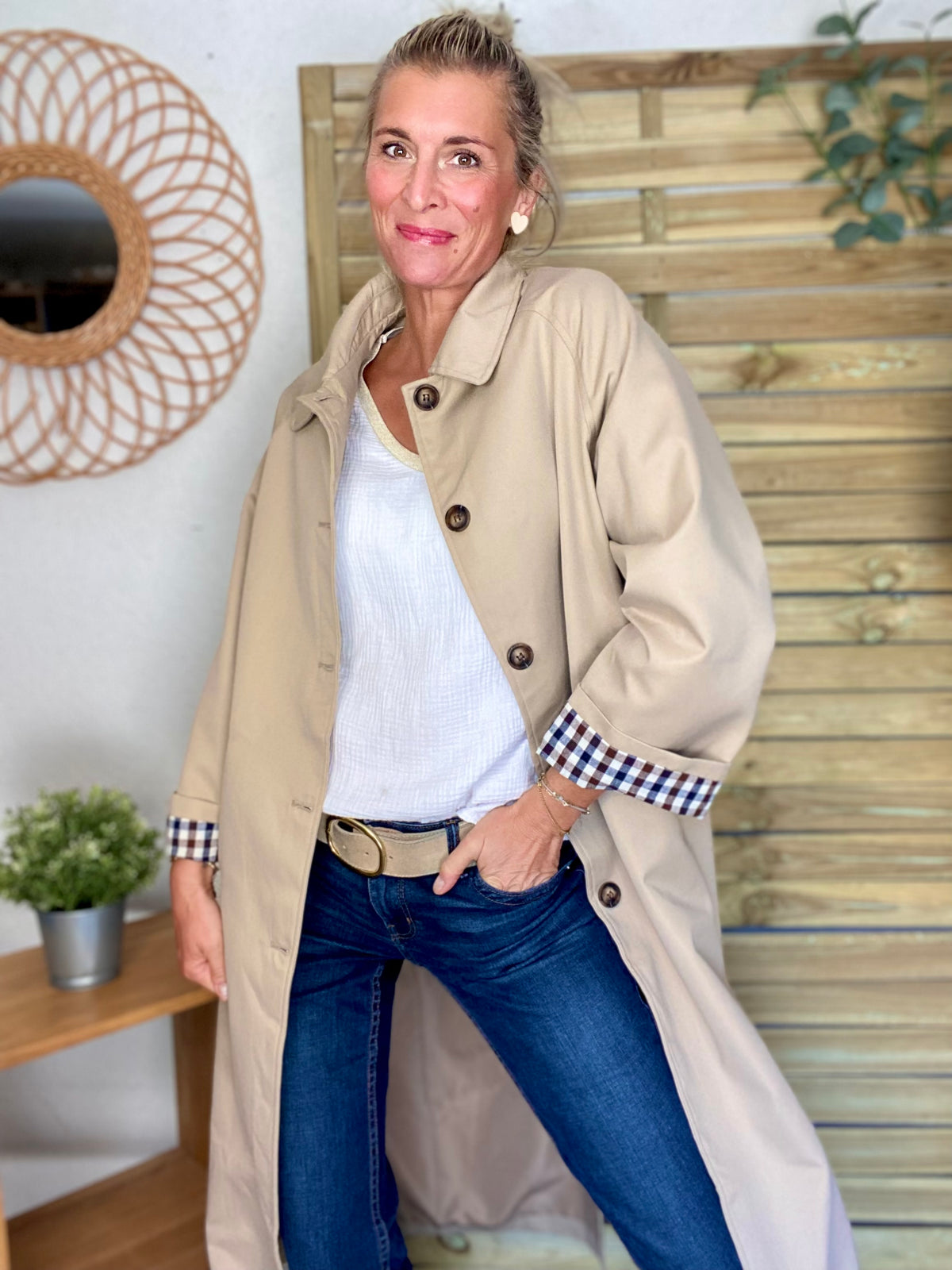 Veste Trench en coton, revers carreaux - YSEULT long Beige