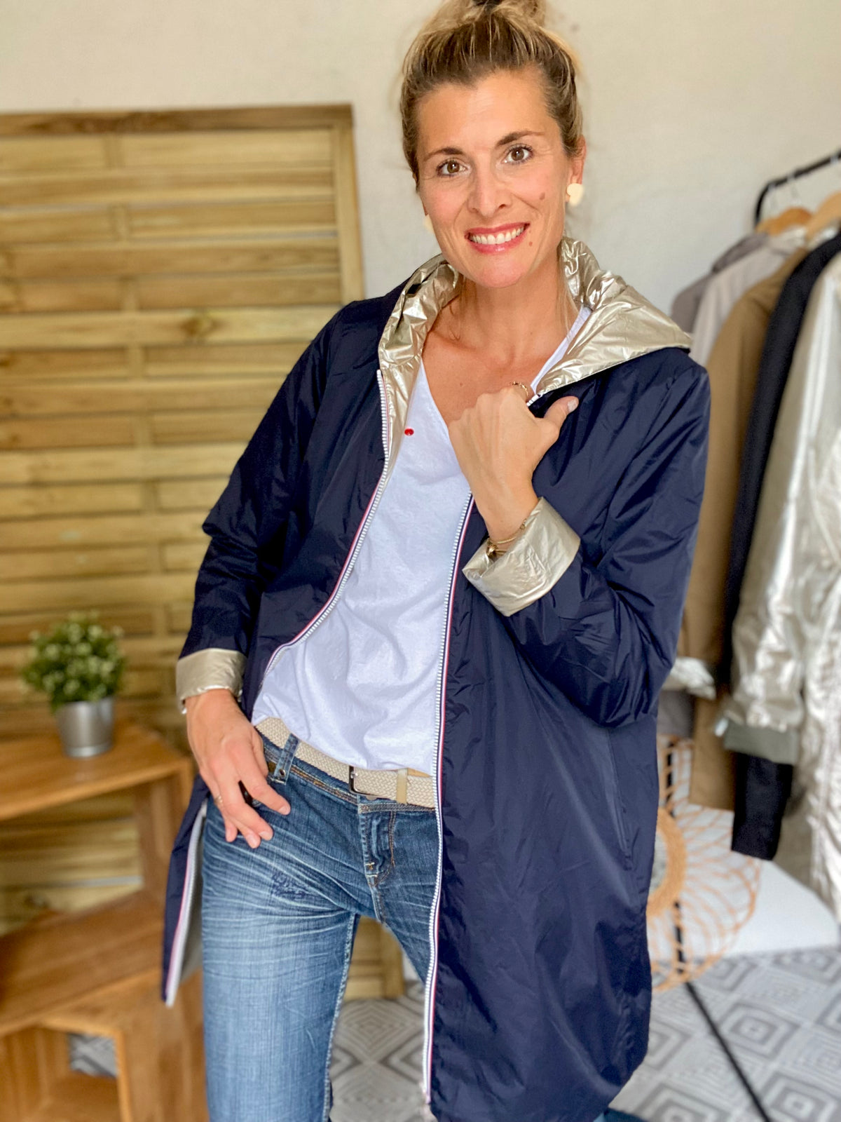 LAURA JO - Imperméable réversible rembourré LOUISON LONG - Marine/Doré