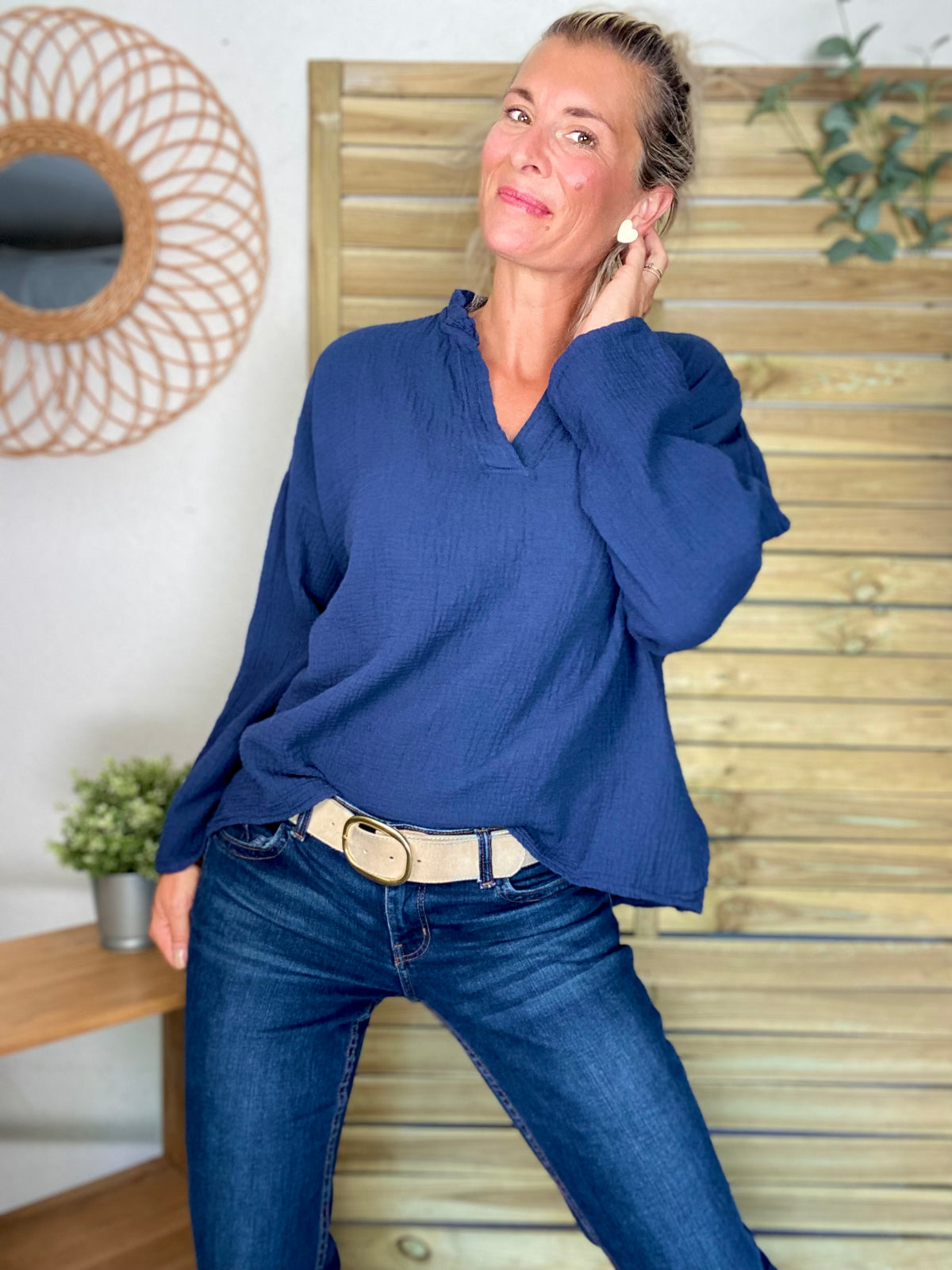 Blouse en gaze de coton SIERRA Bleu marine - manches longues • FIN DE SÉRIE