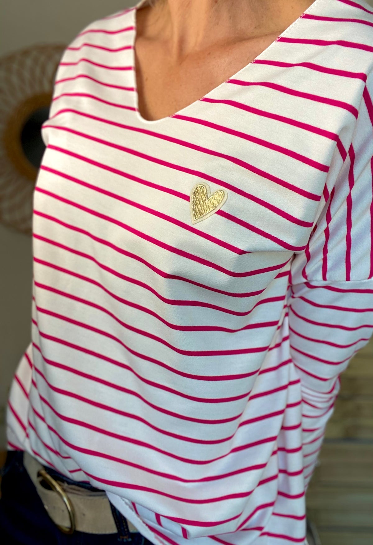 Pull fin rayé col V avec ou sans coeur doré 💛 NOLWENN - Rose fuschia
