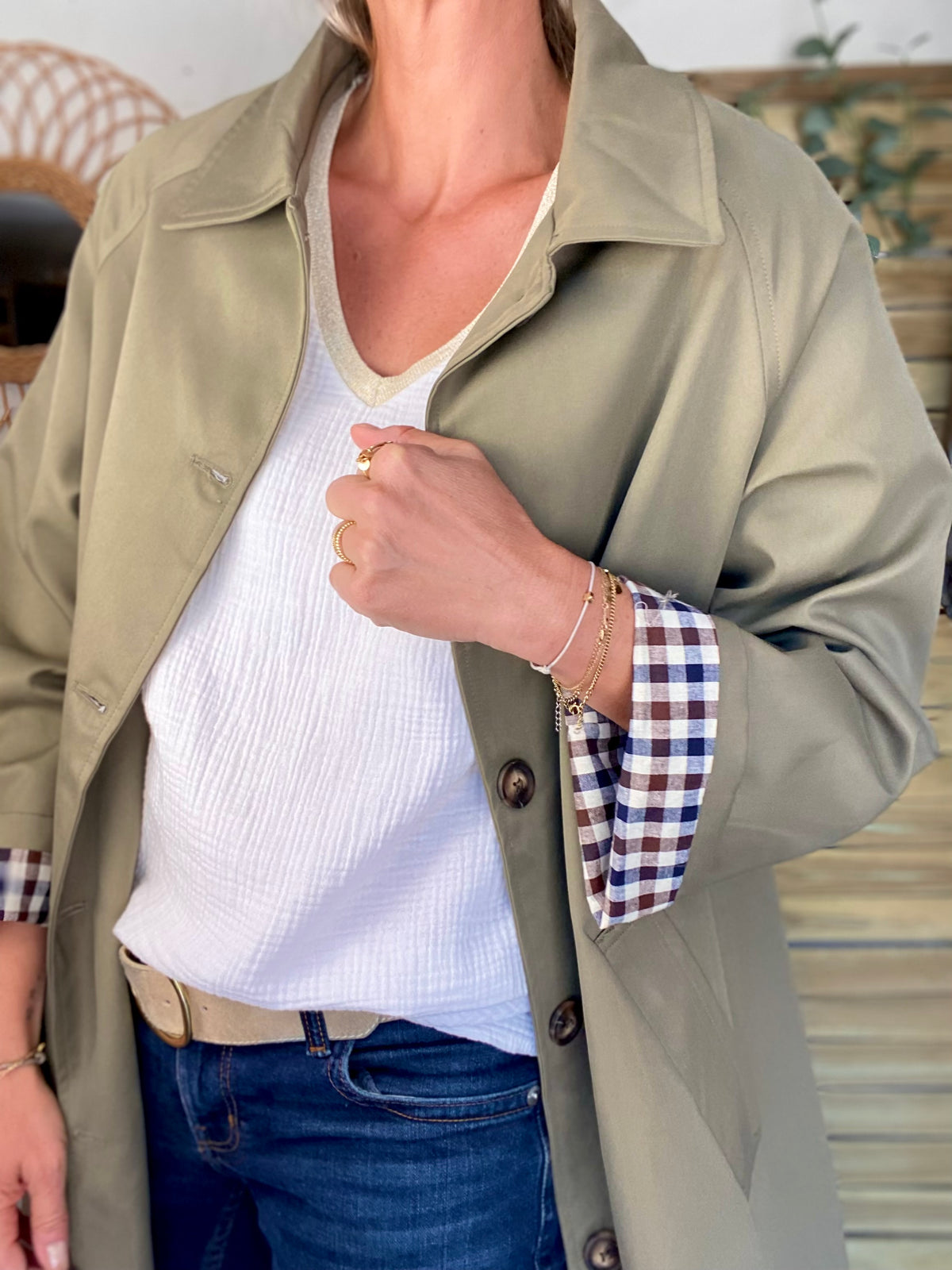 Veste Trench en coton, revers carreaux - YSEULT long Kaki