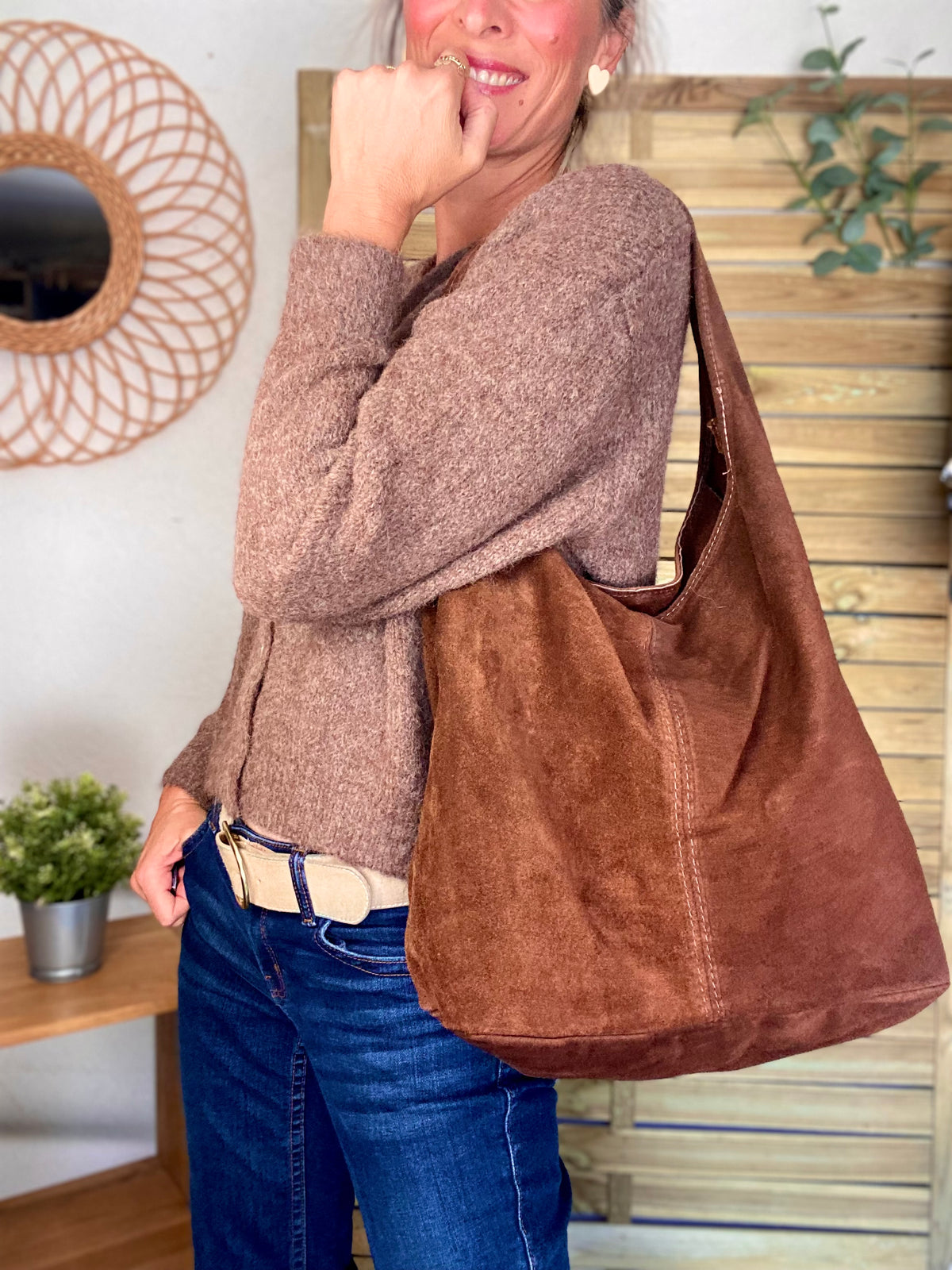 Sac cabas hobo cuir daim MARLON - Chocolat