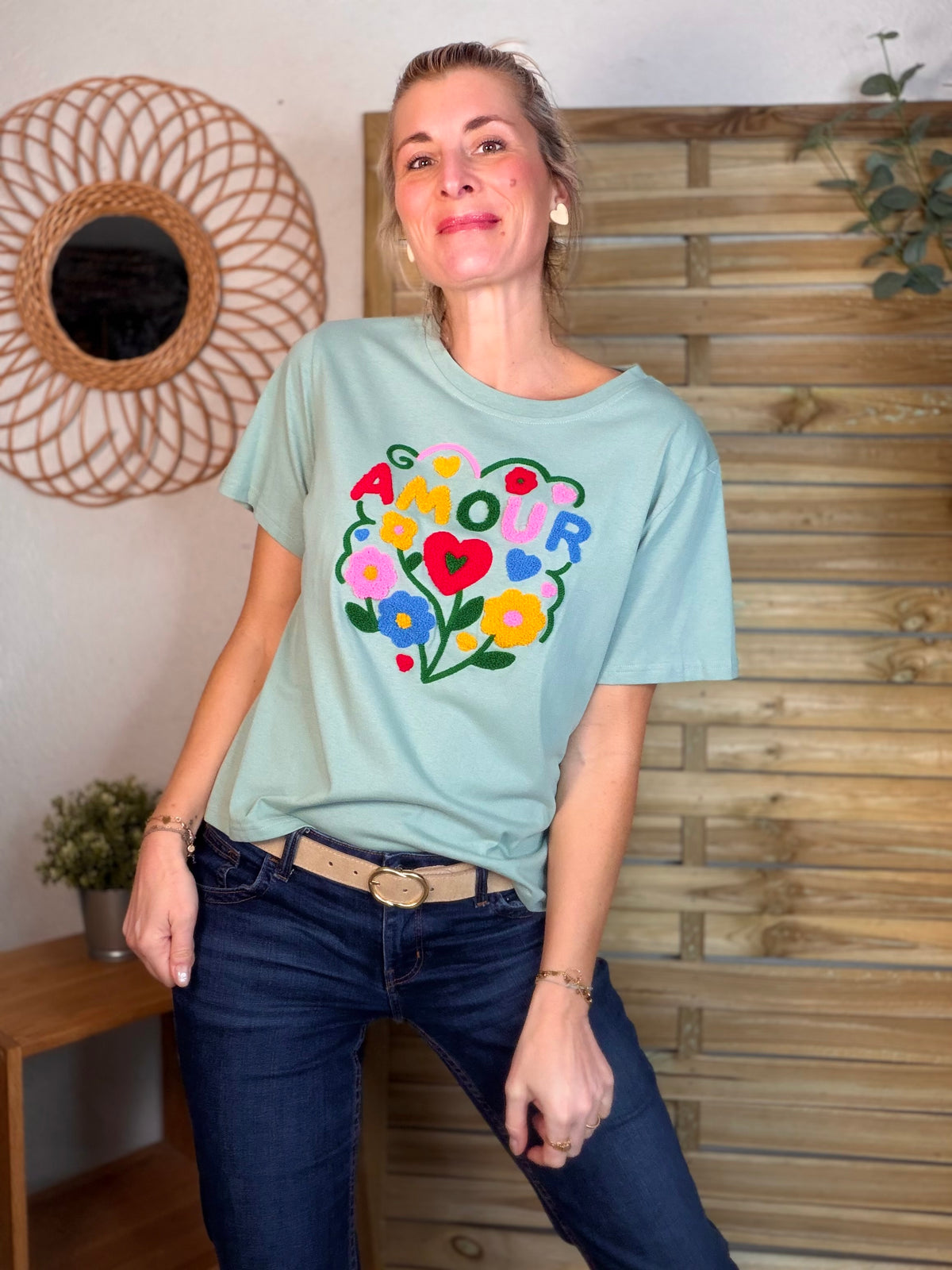 Tee shirt amour fleuri ARYA Vert sauge
