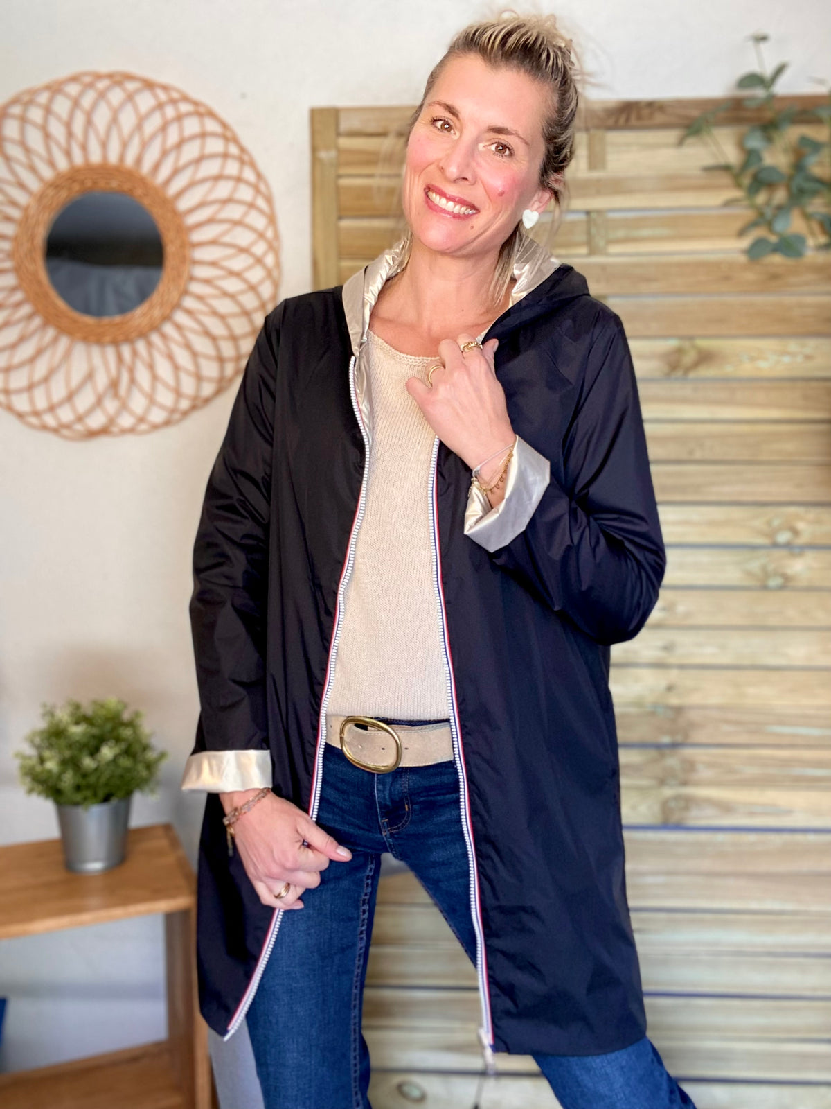 LAURA JO - Imperméable réversible léger GARANCE LONG - Noir/Doré • DESTOCKAGE sur Taille S