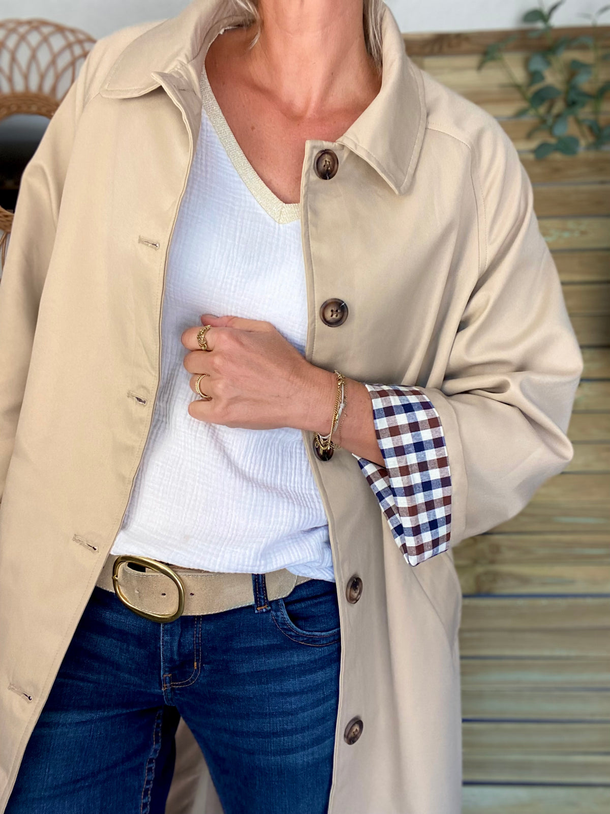 Veste Trench en coton, revers carreaux - YSEULT long Beige