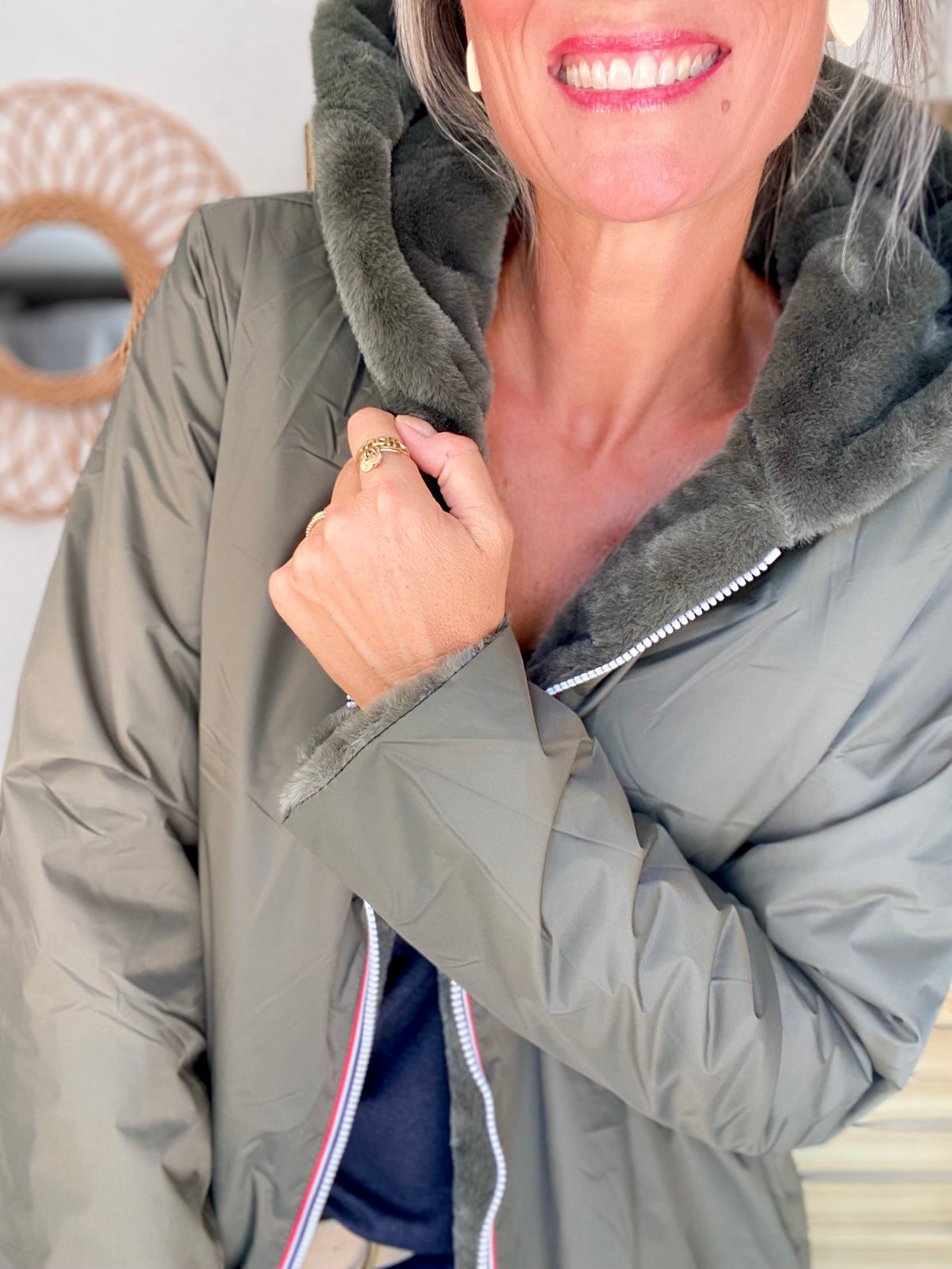 LAURA JO - Parka Imperméable réversible fourrée Kaki / Kaki ALIX Long • DÉSTOCKAGE sur Taille S