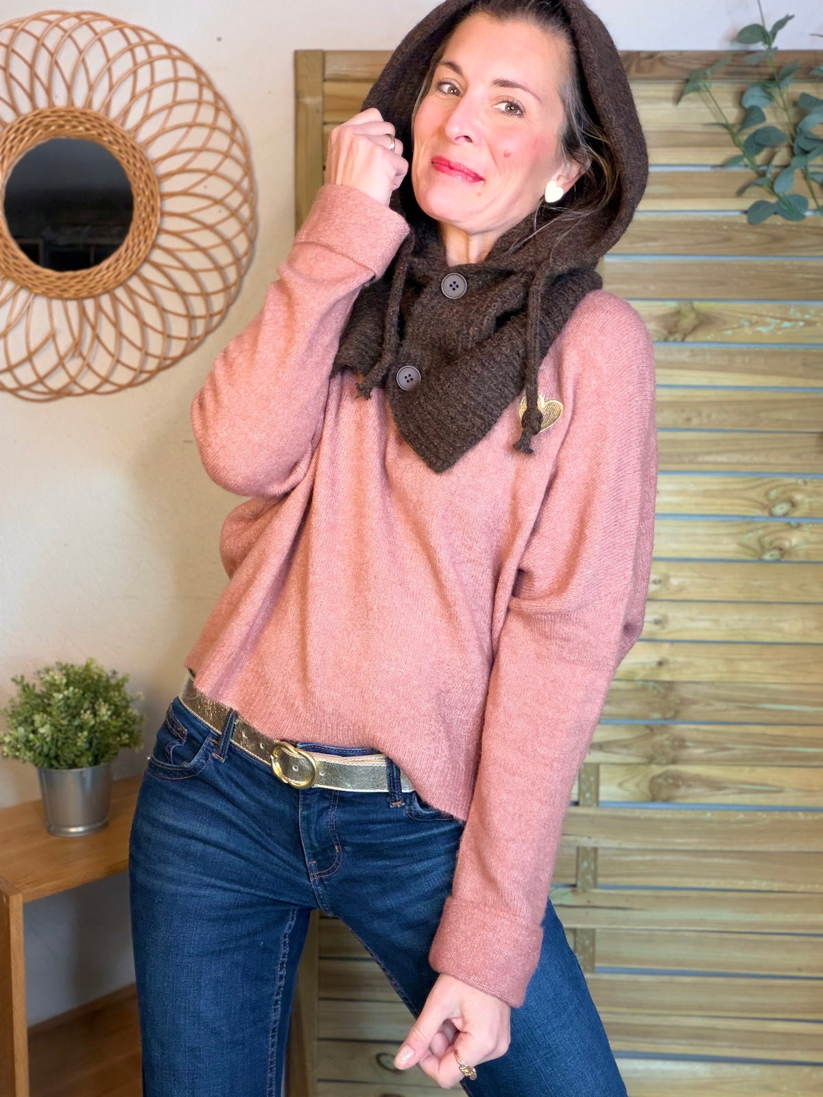 Col cagoule LORIE en maille avec boutons - Chocolat