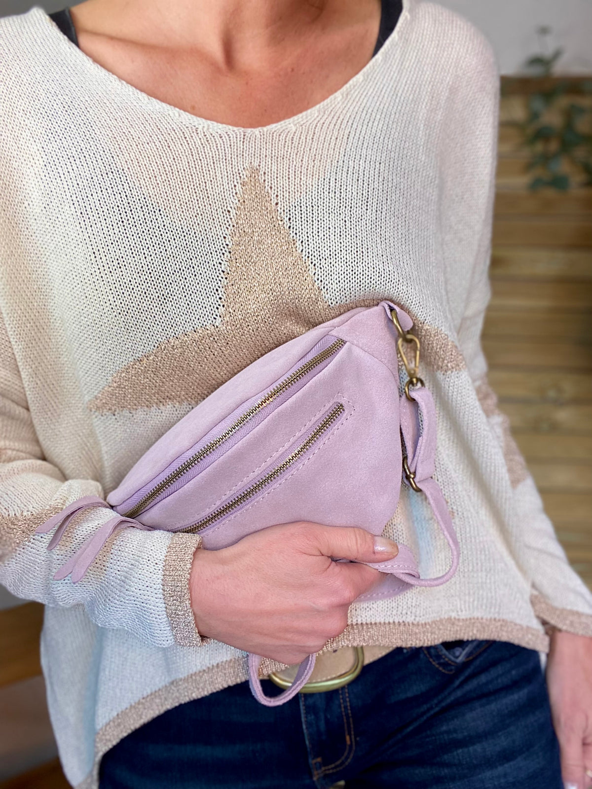 Sac banane double poche en cuir daim - OPALINE - Lilas