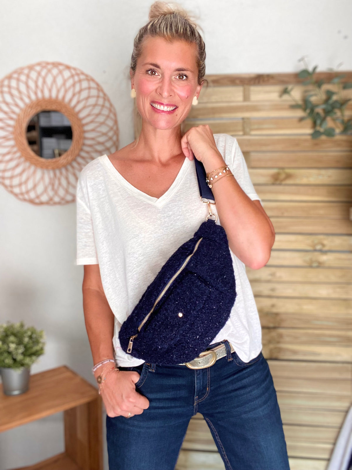Sac banane XL moumoute lurex avec poche avant - CHELSEA - Marine - FIN DE SÉRIE
