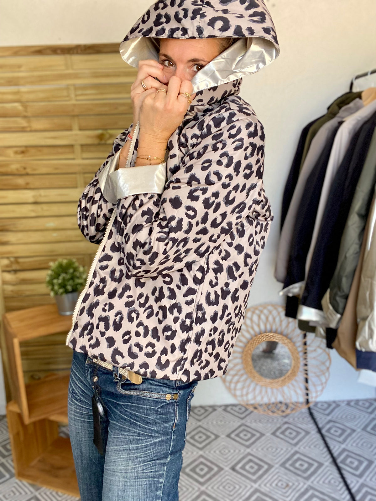 LAURA JO - Imperméable réversible rembourré LOUISON COURT - Doré / léo • DÉSTOCKAGE sur Taille XL